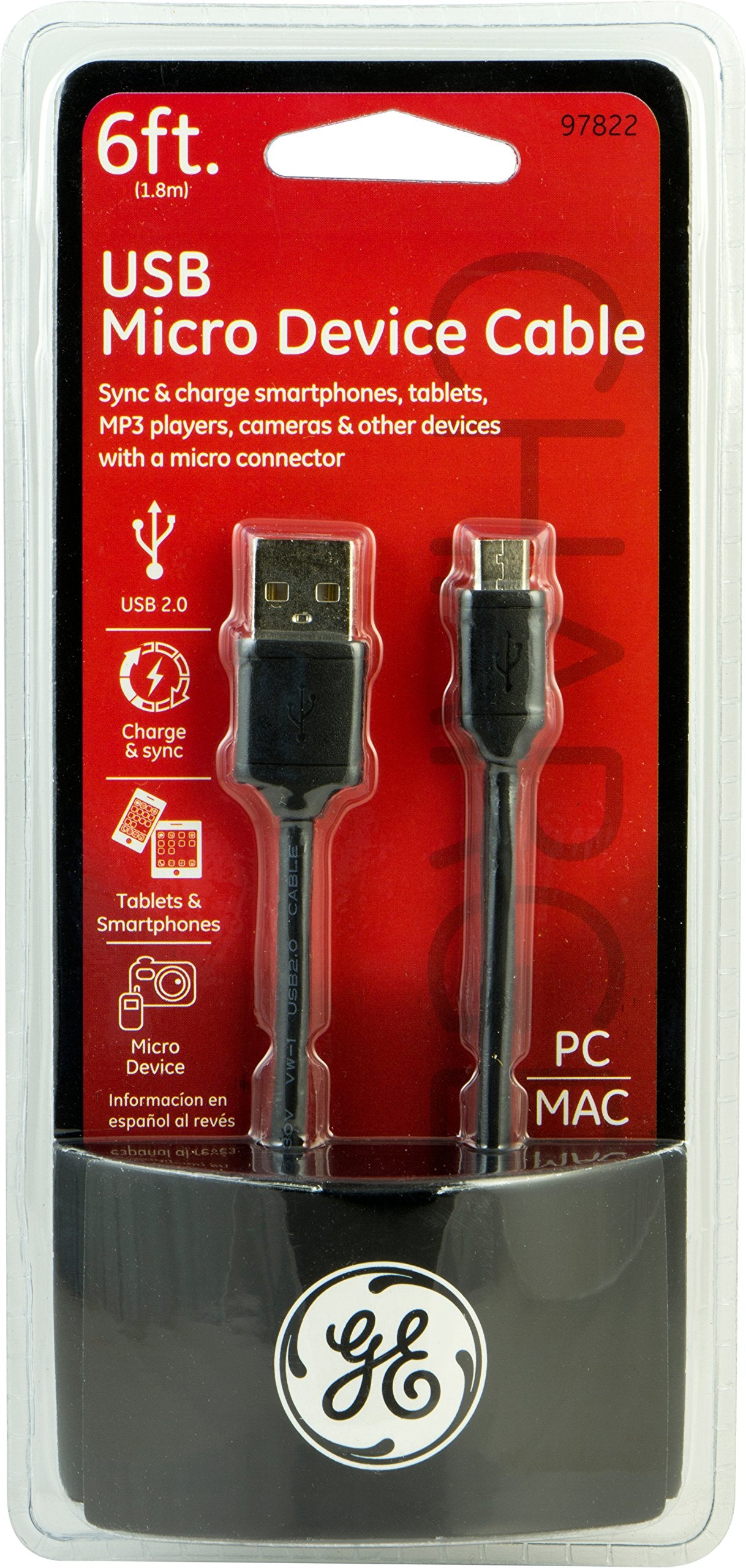 Ge 6 Feet Usb/Am To Usb Micro M 2.0 Data Cable   Retail Packaging   Black