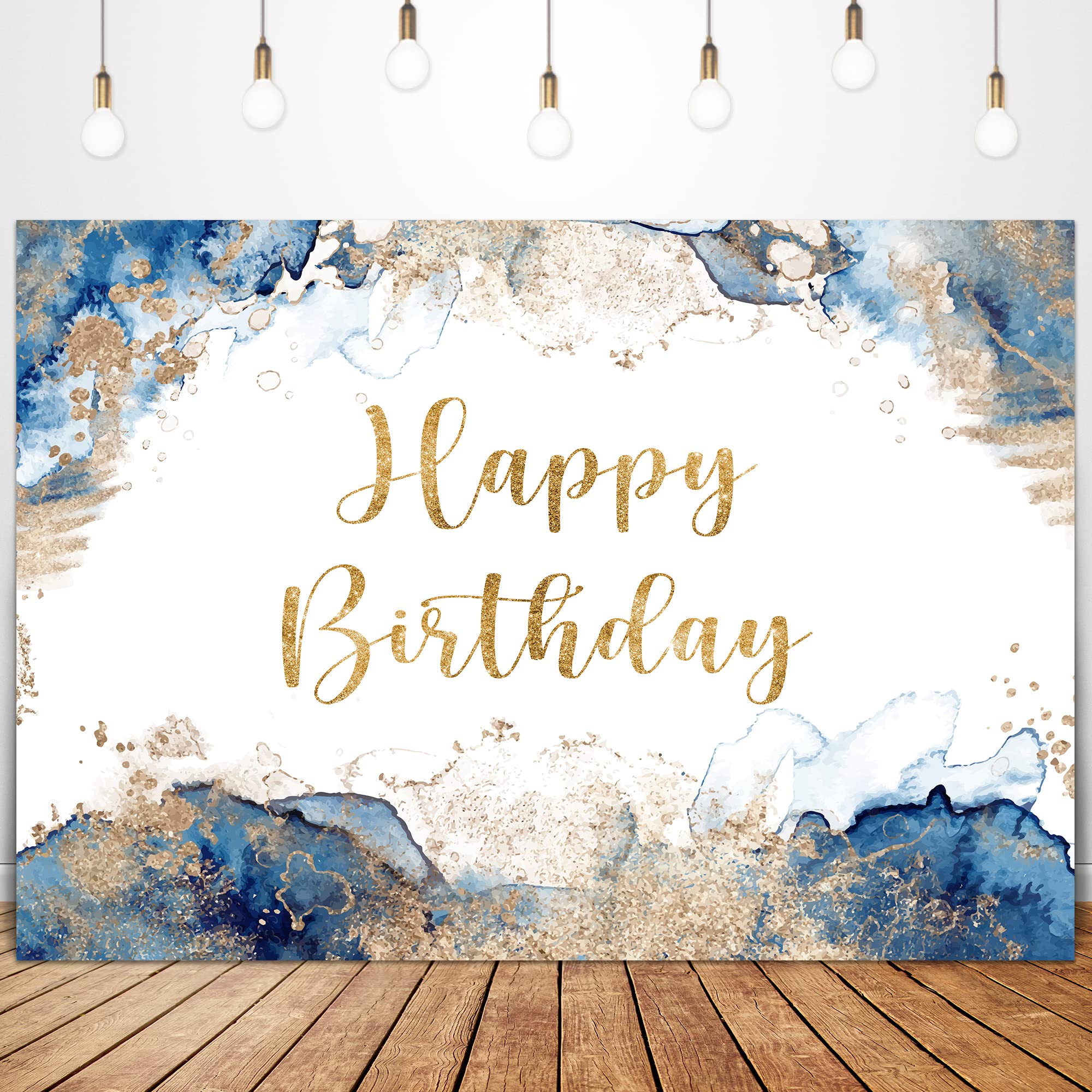 Glawry Blue Happy Birthday Backdrop Men Banner 7Wx5H Feet Abstract Watercolor Navy Golden Dots Ink Sparkle Girl Boy Women Party