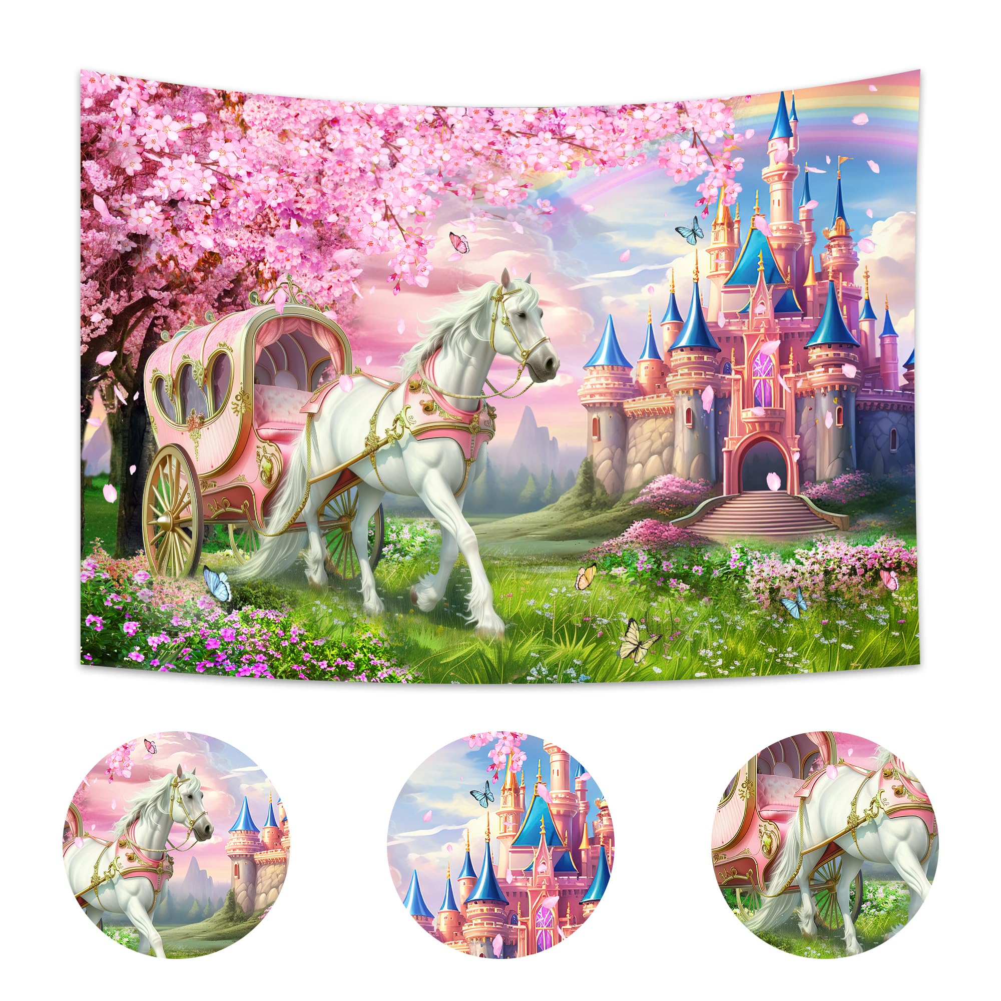 Riyidecor Princess Castle Backdrop Polyester Fabric Pink Sakura Rainbow Flowers Floral Fantasy Fairy Tale Wonderland 7Wx5H Feet