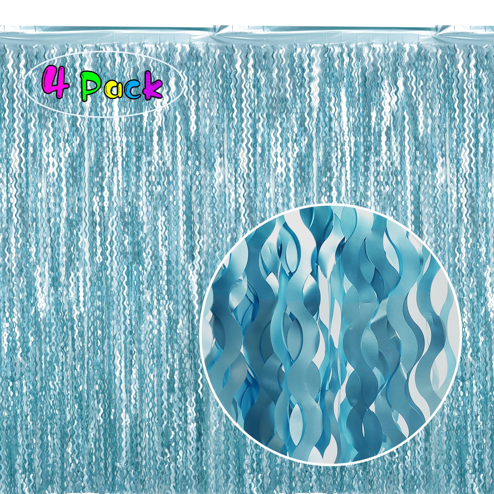 4 Pack Wavy Blue Foil Fringe Curtain 3.3X6.6 Feet | Blue Streamers Tinsel Backdrop For Under The Sea Party Decorations | Ocean B