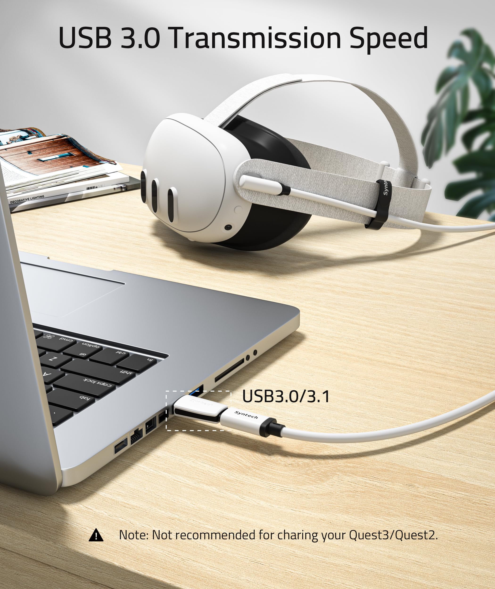 Syntech 20FT Link Cable for Oculus Quest 3/2, Pico 4 - High-Speed USB 3.0 Data Transfer Cord - White VR Accessory