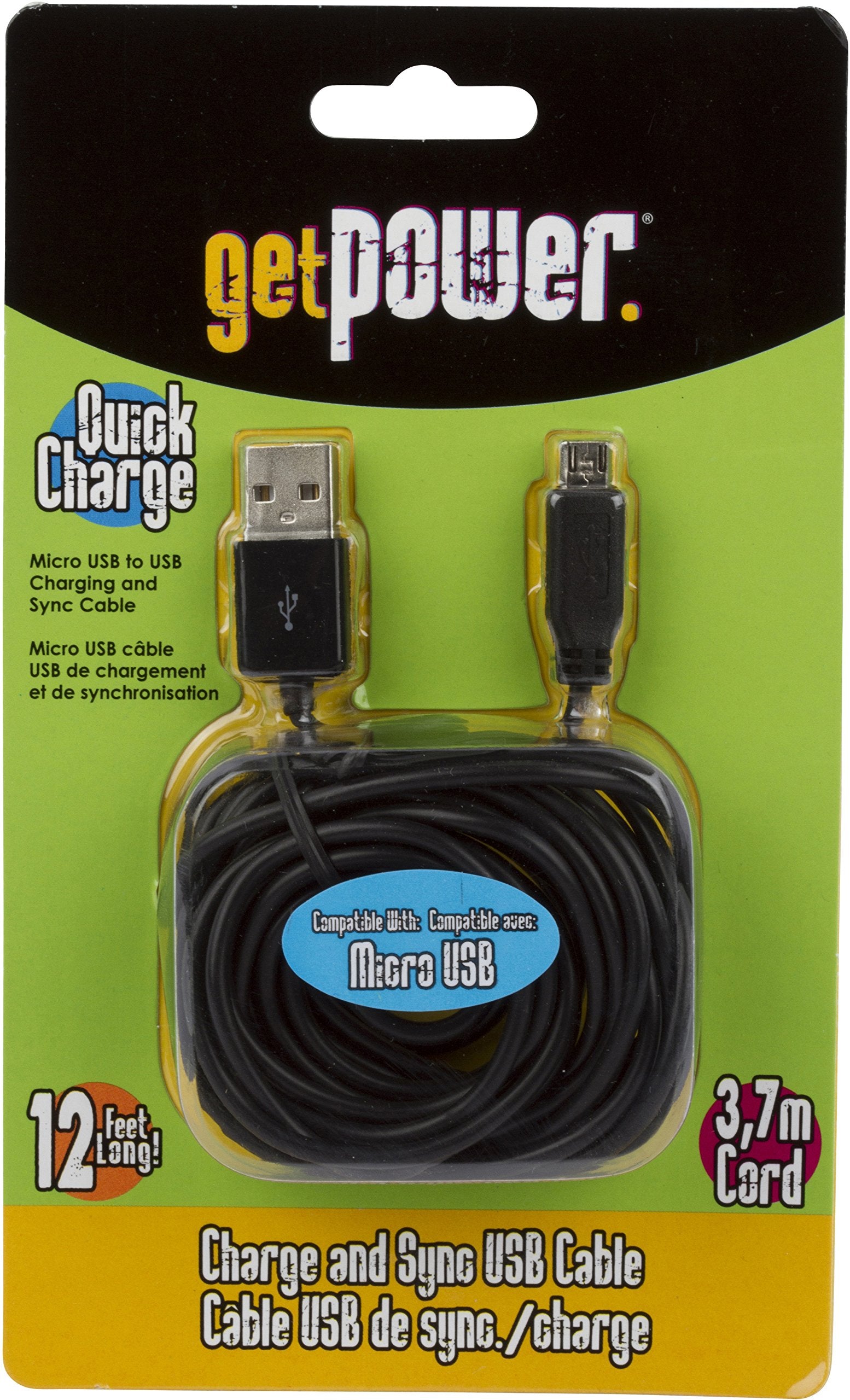 Getpower Extra Long 12 Feet Usb Charging And Sync Cord For Micro Usb Handheld Electronics   Frustration Free Packaging   Black