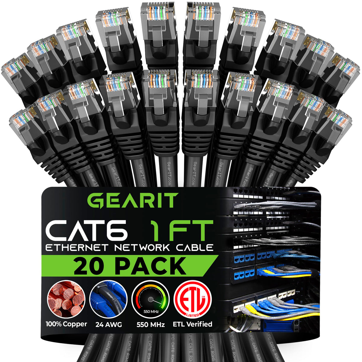 Gearit Cat 6 Snagless Patch Ethernet Computer Lan Cable, 1 Foot, Black, Pack Of 20