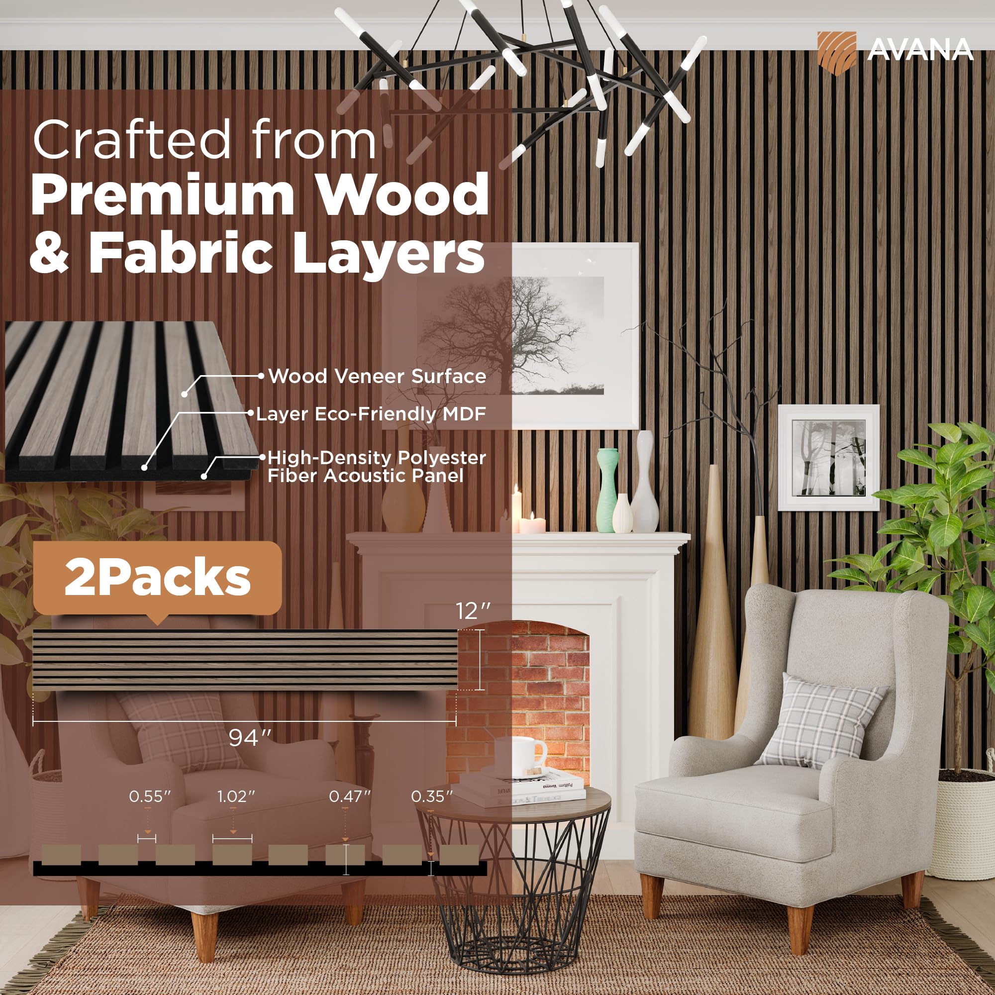 Avana Acoustic Wood Wall Panels   94.4 X 12.6 Inch Natural Walnut Acoustic Panels 2 Pcs   Wall Panels For Interior Wall Decor Fo