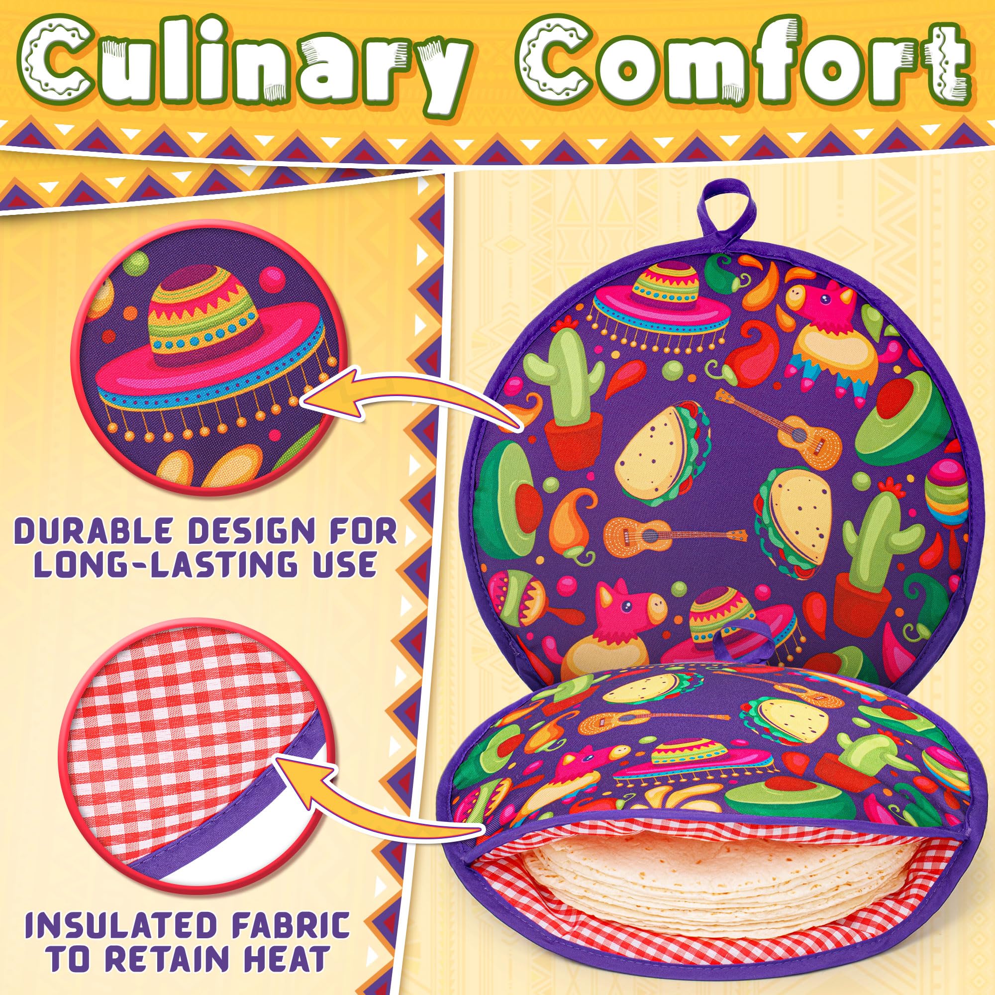 Pixipy Tortilla Warmer Pouch (Tacos, 12 Inch), Microwavable Fabric Tortilla Heater Pouch To Keep Tortillas Soft & Warm, Insulate