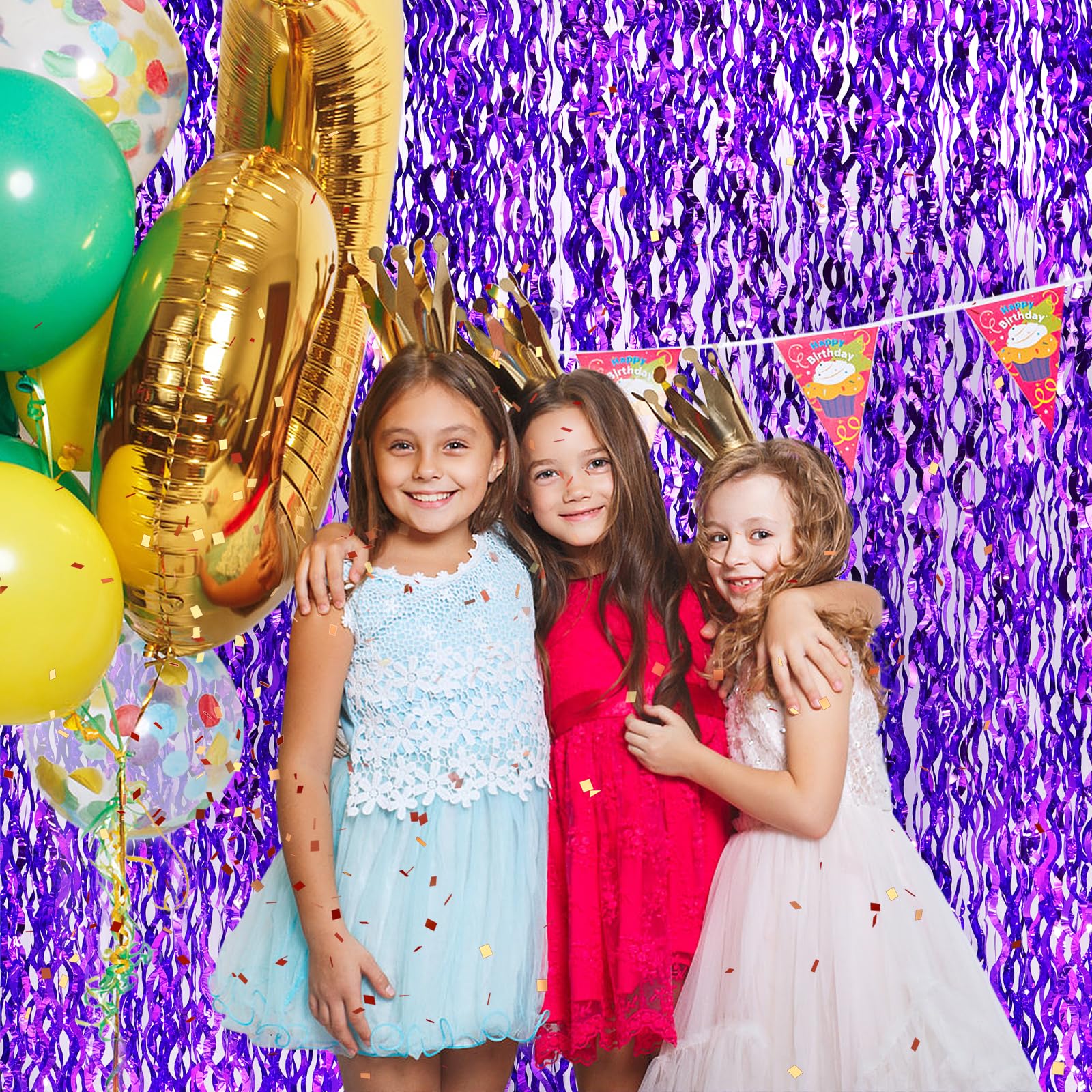 Wavy Purple Metallic Tinsel Foil Fringe Curtains, 2 Pack 3.3X8.3 Feet Party Streamer For Birthday Party Decorations, Halloween D