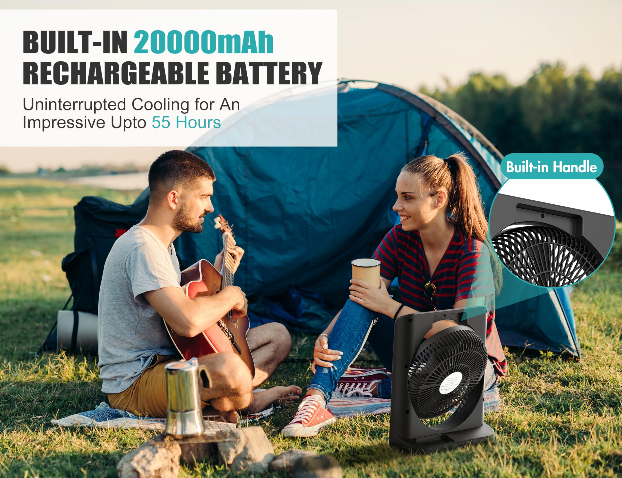 20000Mah Rechargeable Fan For Camping - 55H Super Long Last Battery Operated Fan, 10 Square Table Fan With Timer, 210 Pivot 4 Po