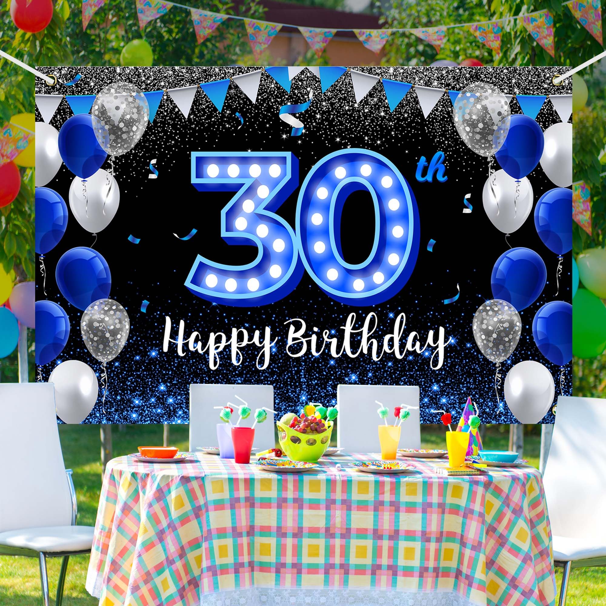 Happy 30Th Birthday Backdrop Banner Blue Black Theme Background With Blue Neon Light Shiny Fashion Birthday Party Photo Photogra