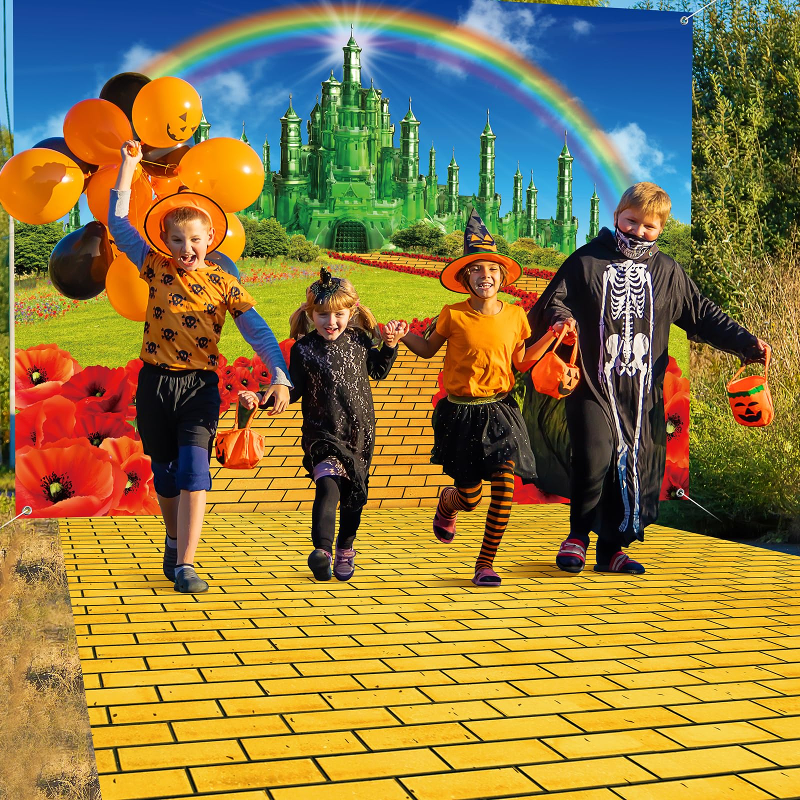 4Pack Yellow Brick Road Runner And Emerald Castle Backdrop For Wizard Party Decorations,Yellow Brick Stone Road Leading Emerald