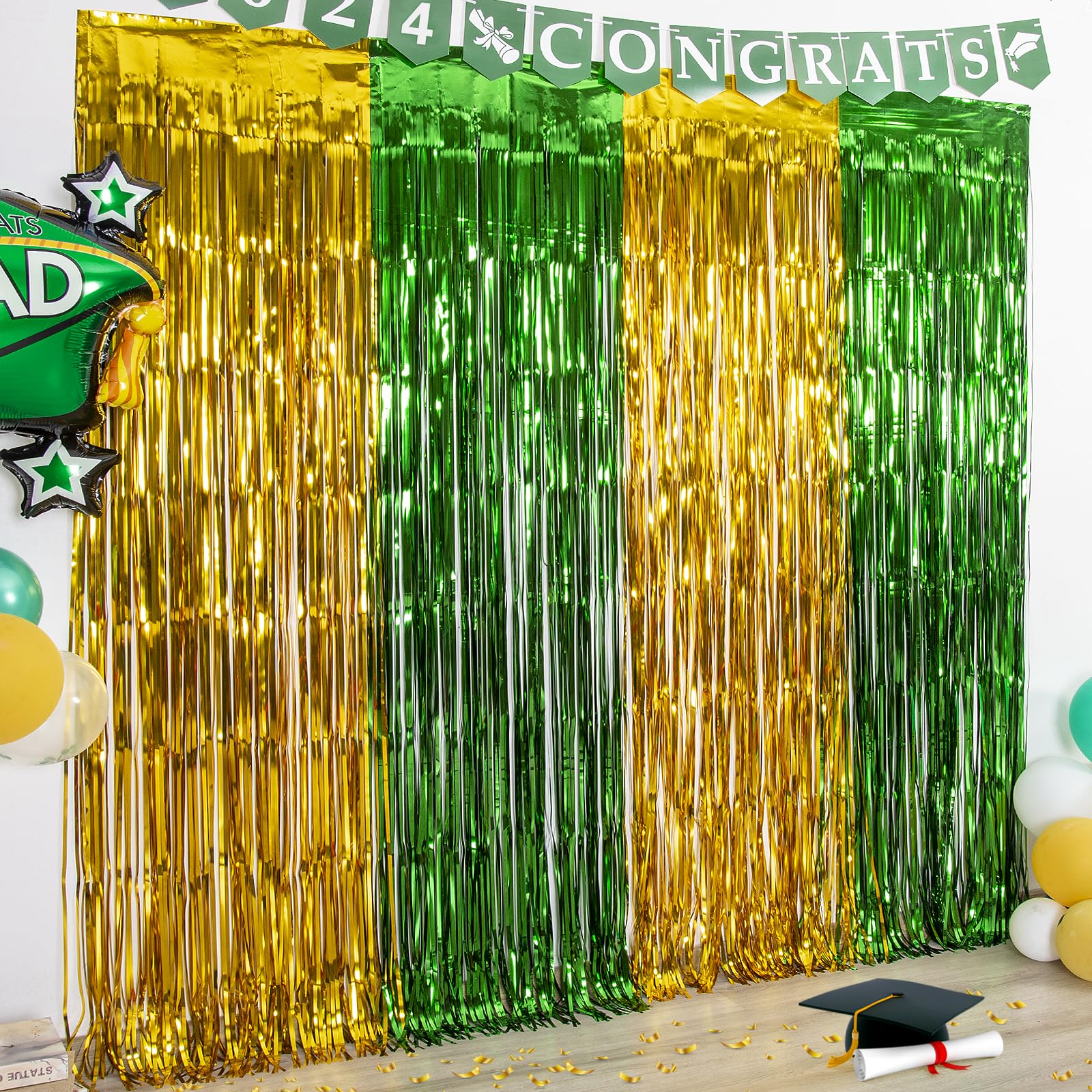 Lolstar 2 Pack Green And Gold 2024 Graduation Party Decorations, 3.3X6.6 Ft Foil Fringe Curtains, Graduation Photo Booth Props T