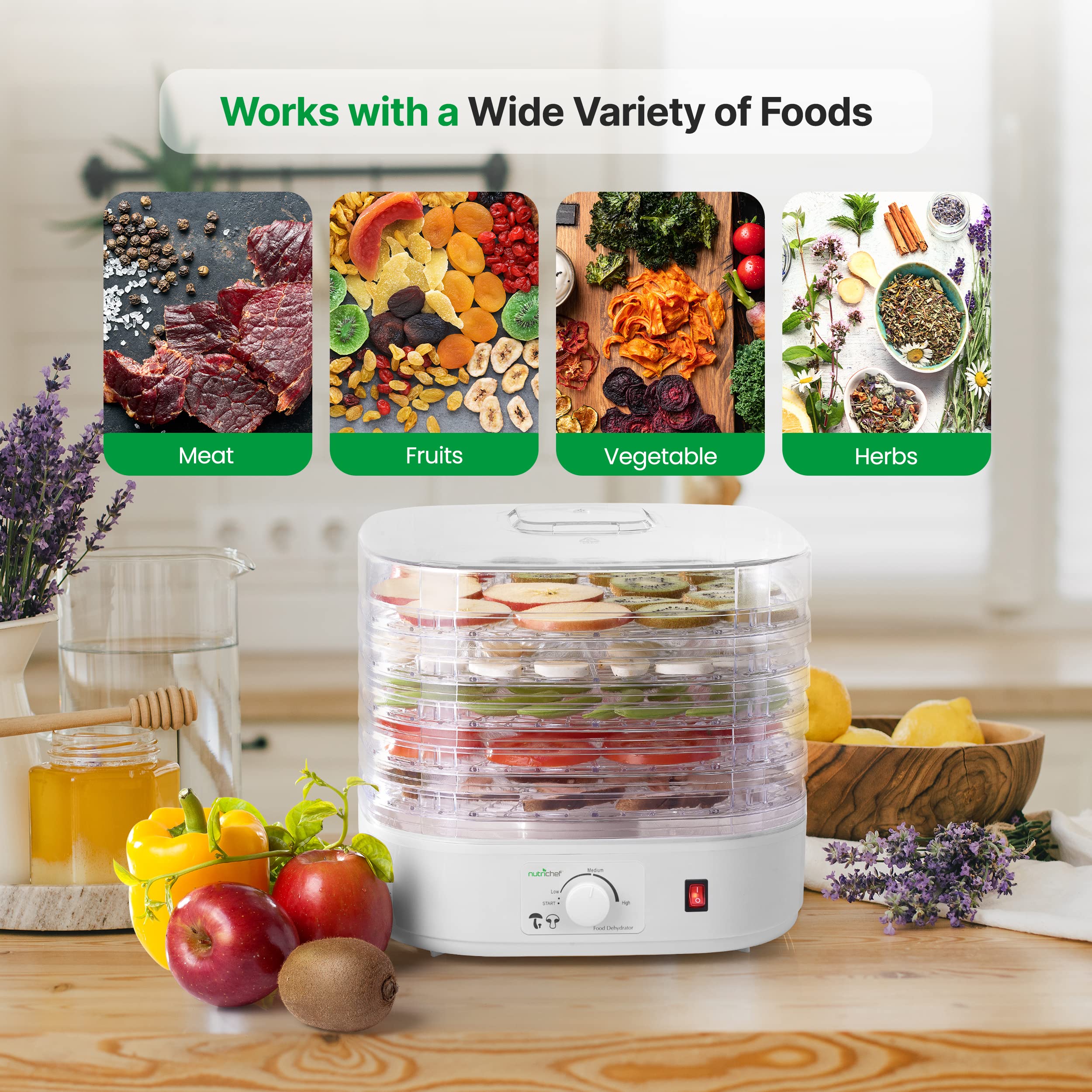 Nutrichef Food Dehydrator Machine | Dehydrates Beef Jerky, Meat, Food, Fruit, Vegetables & Dog Treats | Great For At Home Use |
