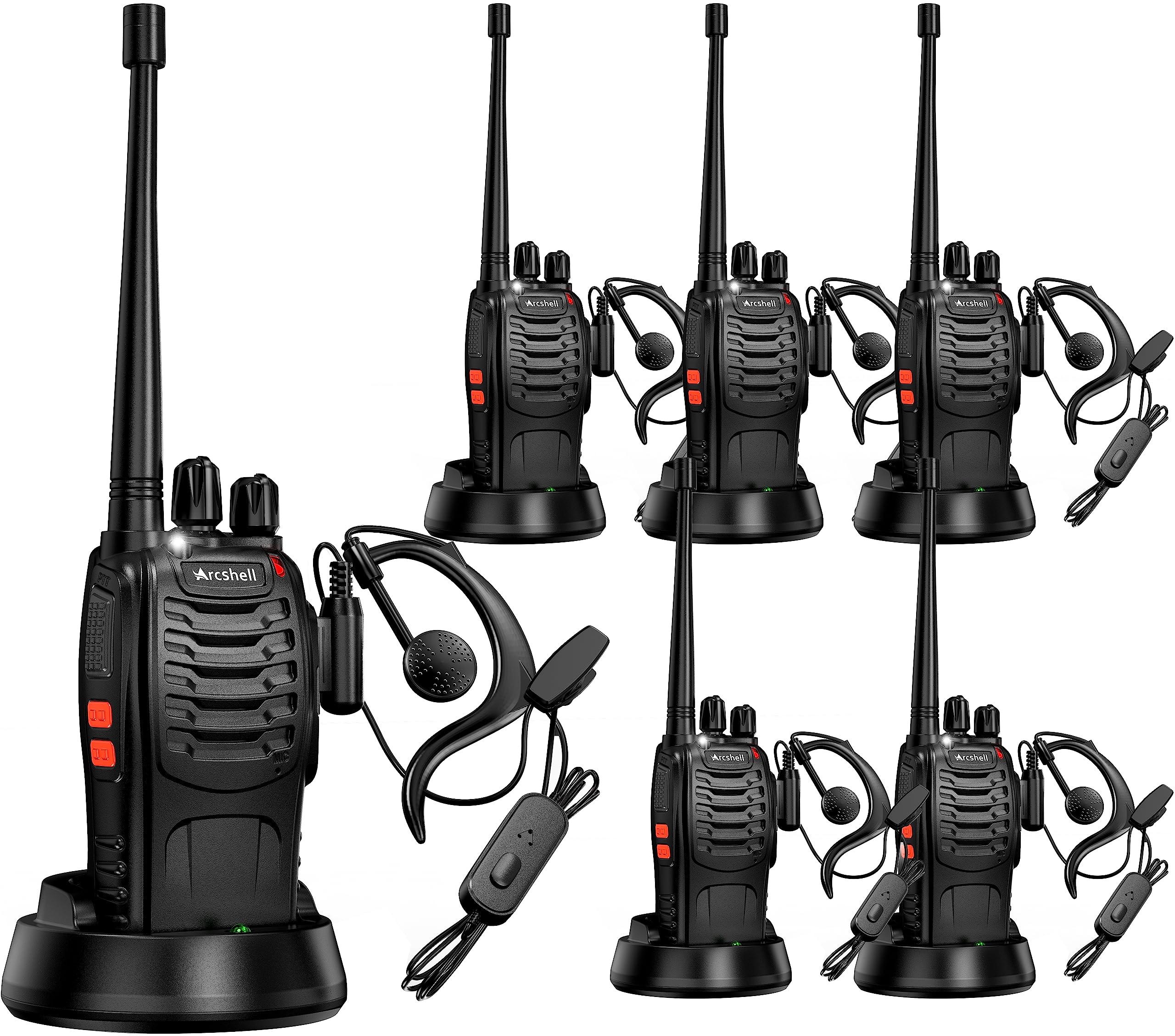 Arcshell Rechargeable Long Range Two Way Radios With Earpiece 6 Pack Arcshell Ar 5 Walkie Talkies Li Ion Battery And Charger Included