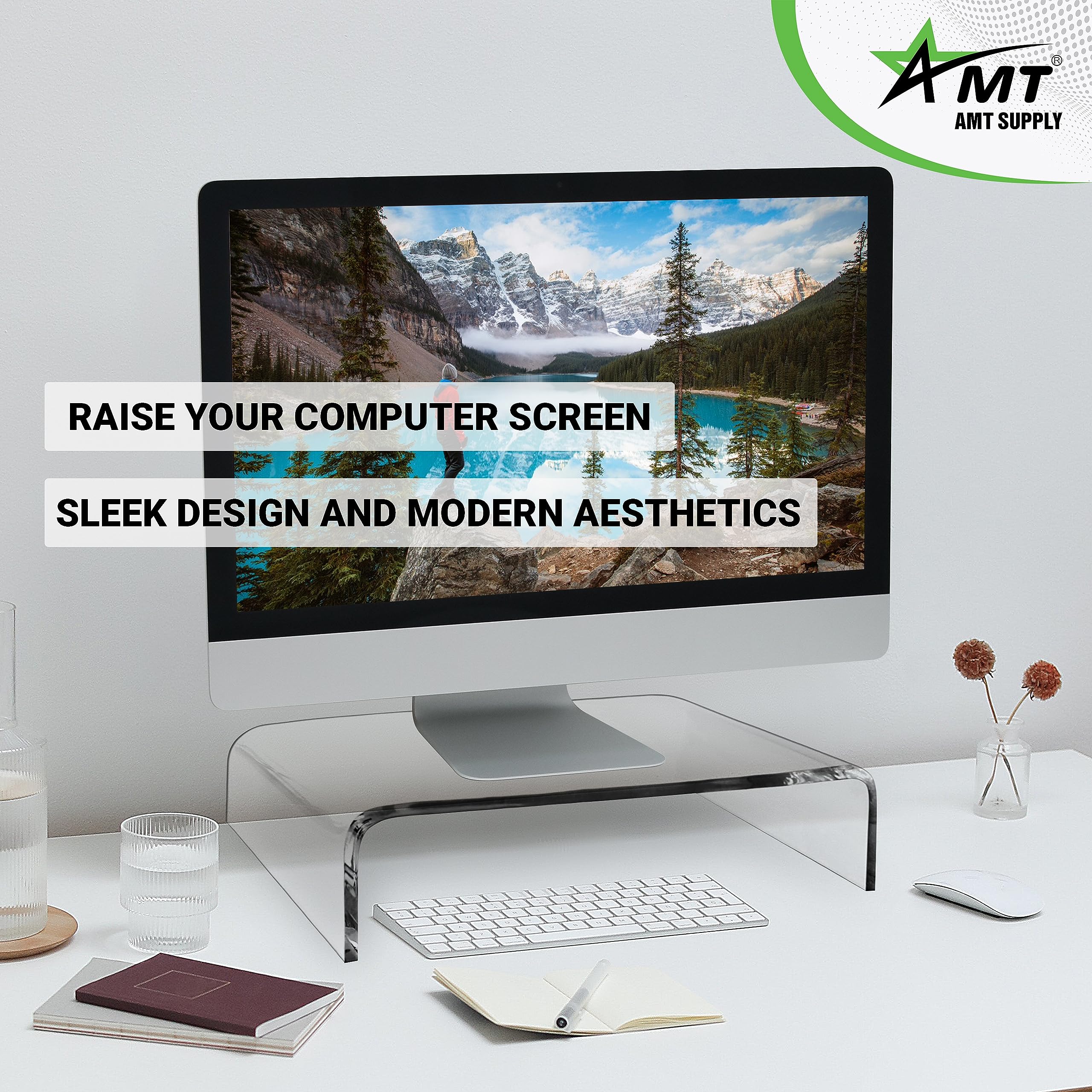 Amt 2 Pack Acrylic Laptop Monitor Stand & Computer Riser With Cat Keyboard Protector, Space Saving Design, Extra Storage, Clear