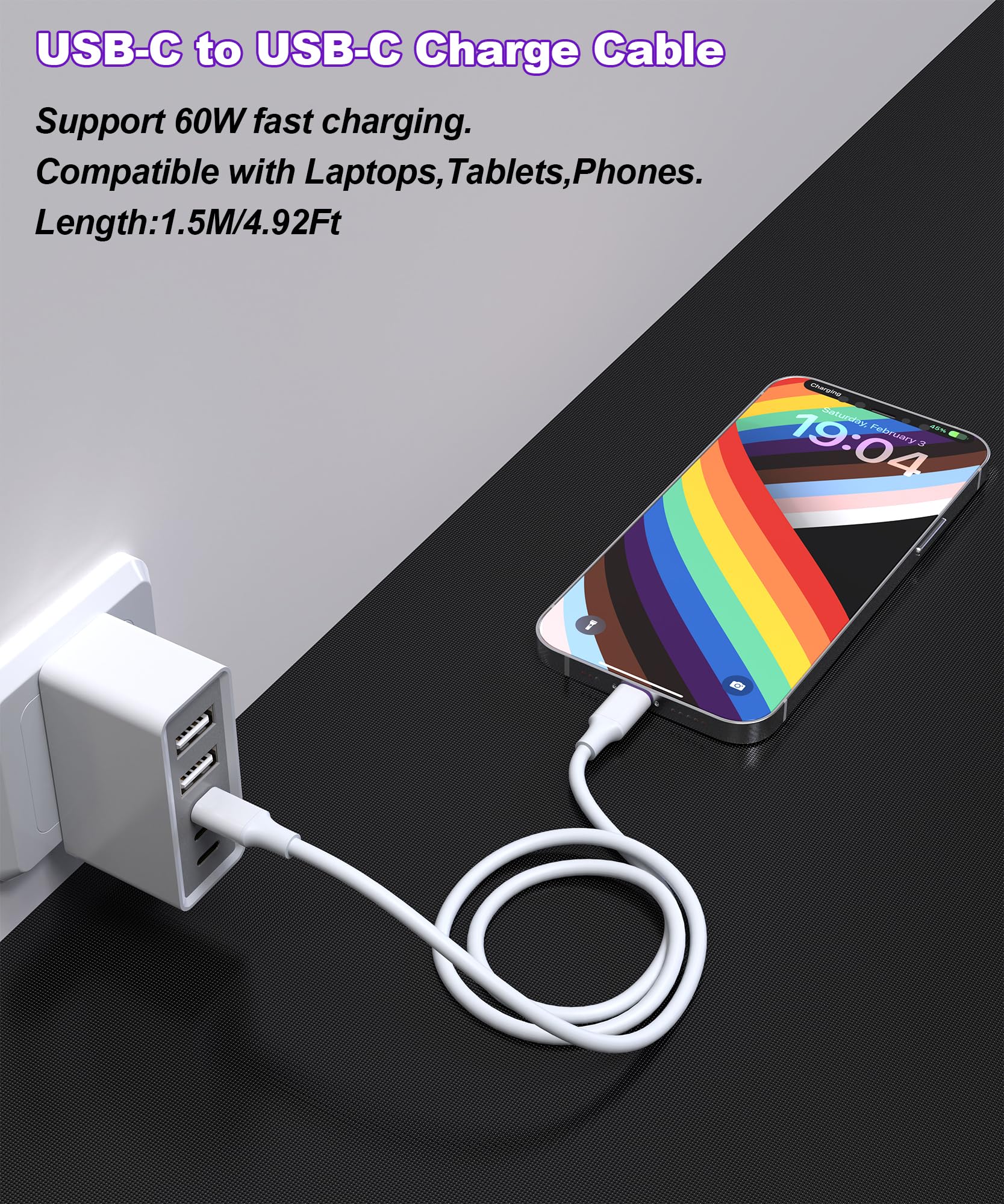 Lmuboy Usb C To Usb C Charge Cable,60W Type C Charger Cable For Iphone 15,Ipad,Macbook Pro,Galaxy S24/S23,Pixel 7 6 5,And More P