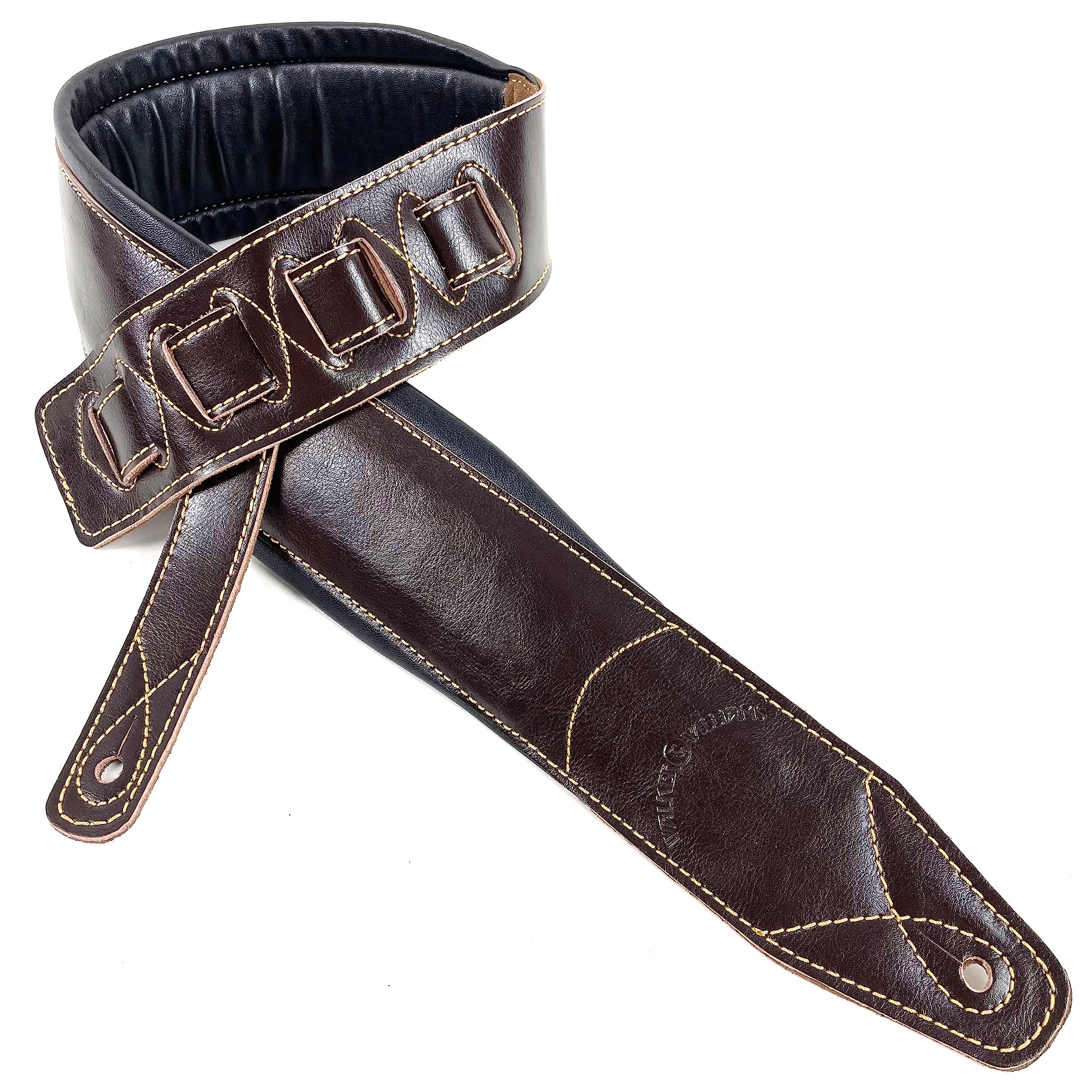 Walker & Williams Dark Brown Super Premium Padded Top Grain Leather Strap for Guitar or Bass Extra Wide
