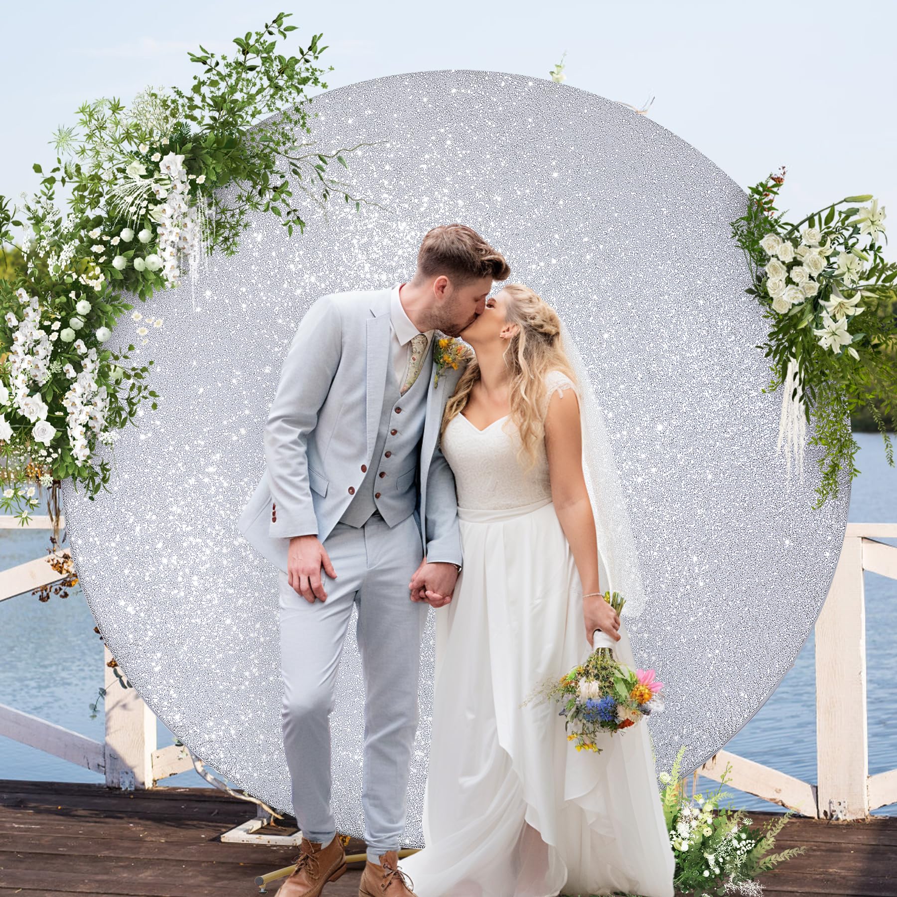 Silver Sequin Round Backdrop Cover 6.5Ft Glitter Circle Backdrop Cover Beautiful Sparkle Photo Backdrop Balloon Arch Cover For B