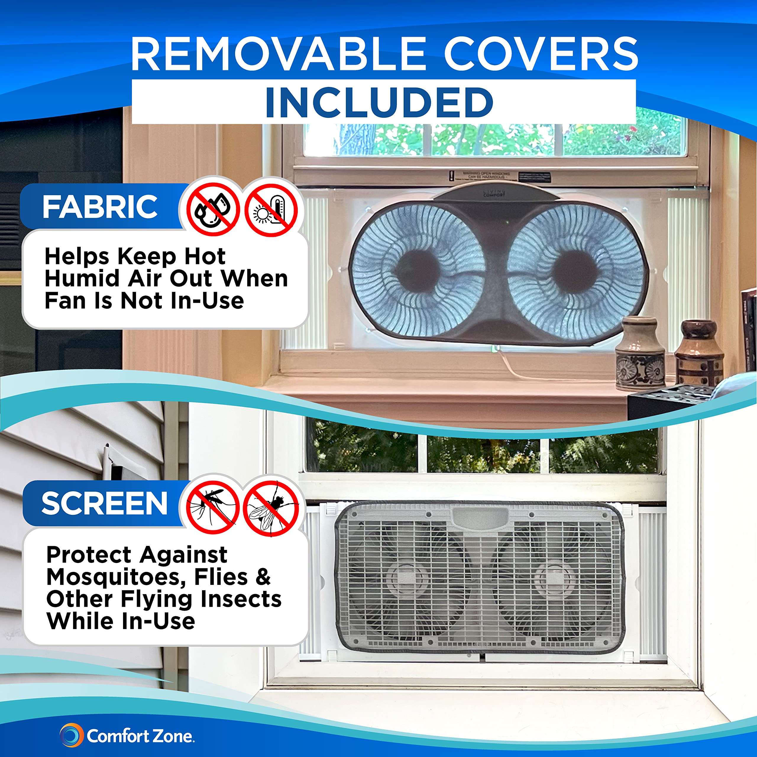 Comfort Zone 9" Twin Window Fan, 3 Speed with Wi-Fi Control, White, Model LC310SWT, Includes Fabric Cover and Bug Screen