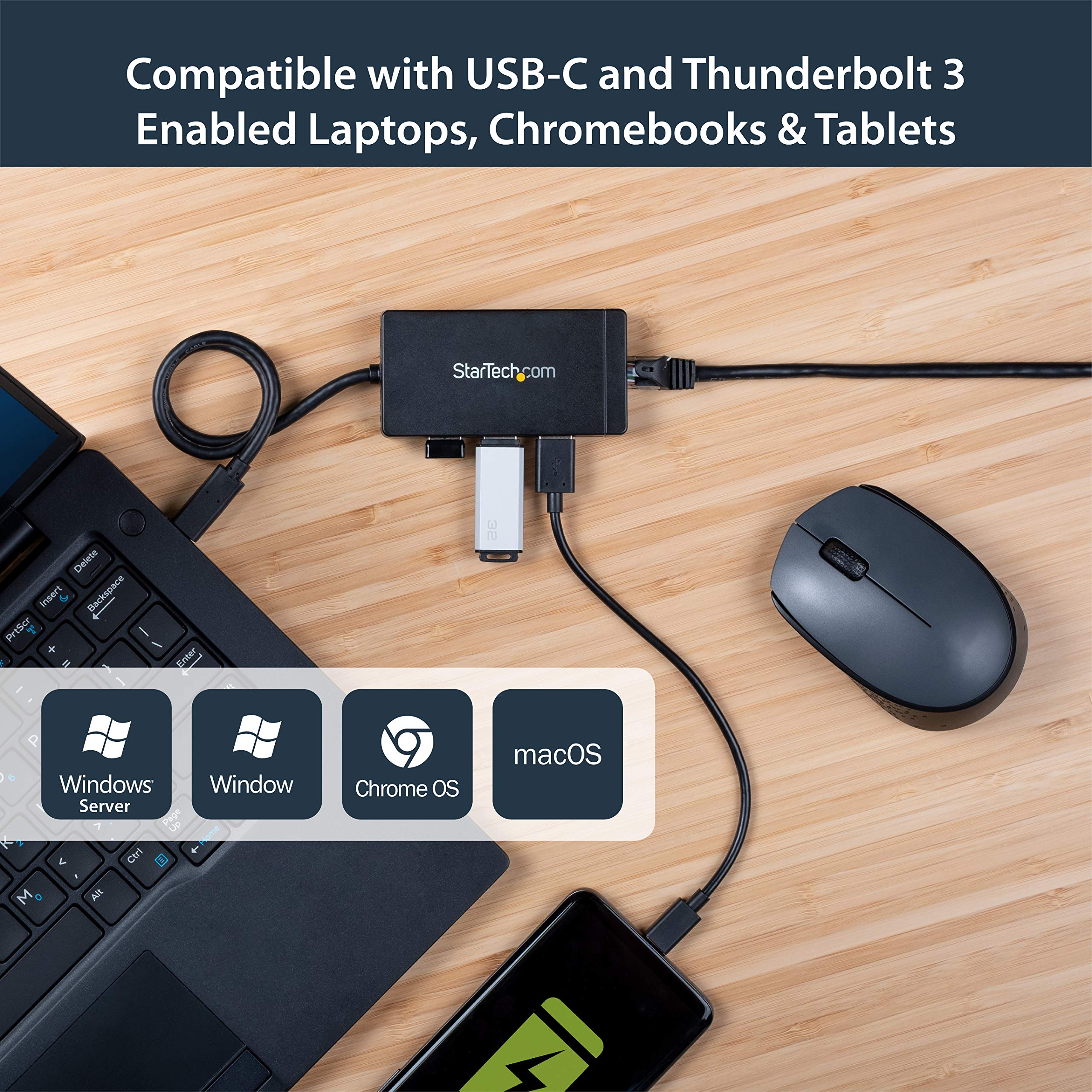 Startech.Com 3 Port Usb C Hub With Ethernet   Usb C To 3X Usb A W/Power Adapter & Gigabit Ethernet   Thunderbolt 3 Compatible