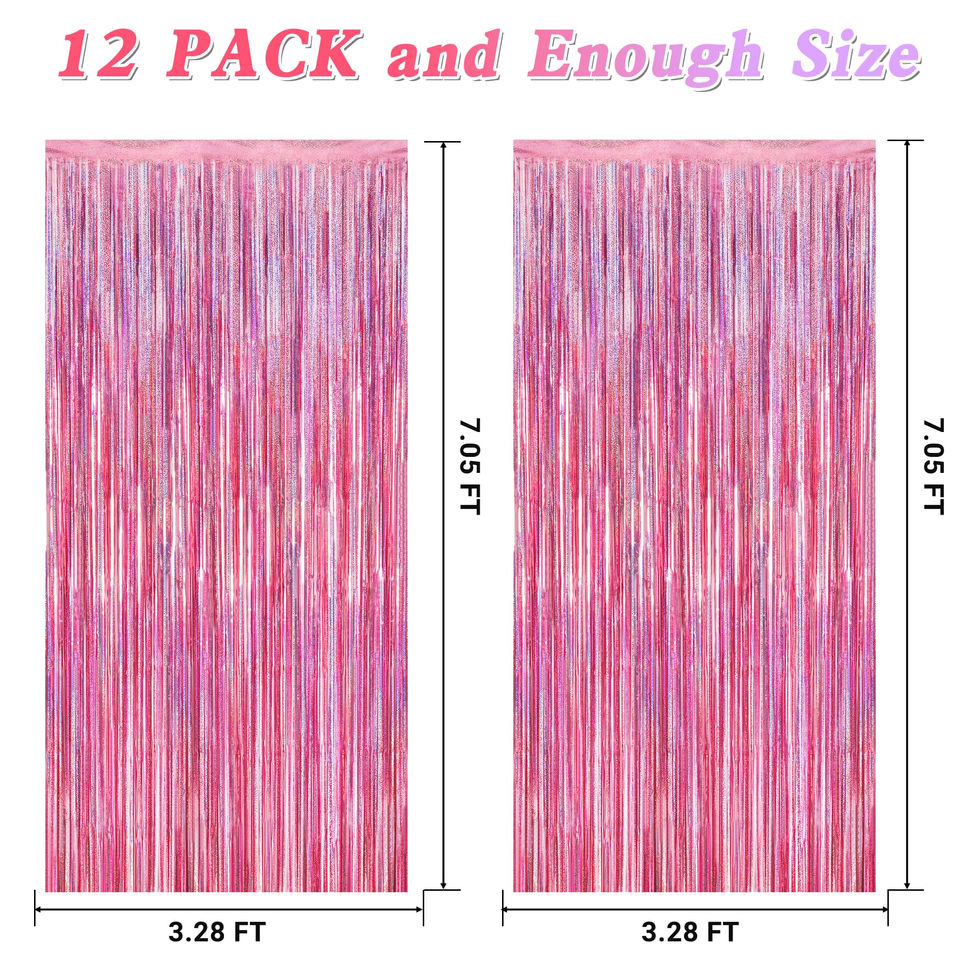 12 Pack Pink Backdrop, 3.28 Ft X 7.05 Ft Foil Streamers, Metallic Glitter Backdrop Pink Tinsel Fringe Curtains Party Streamers,