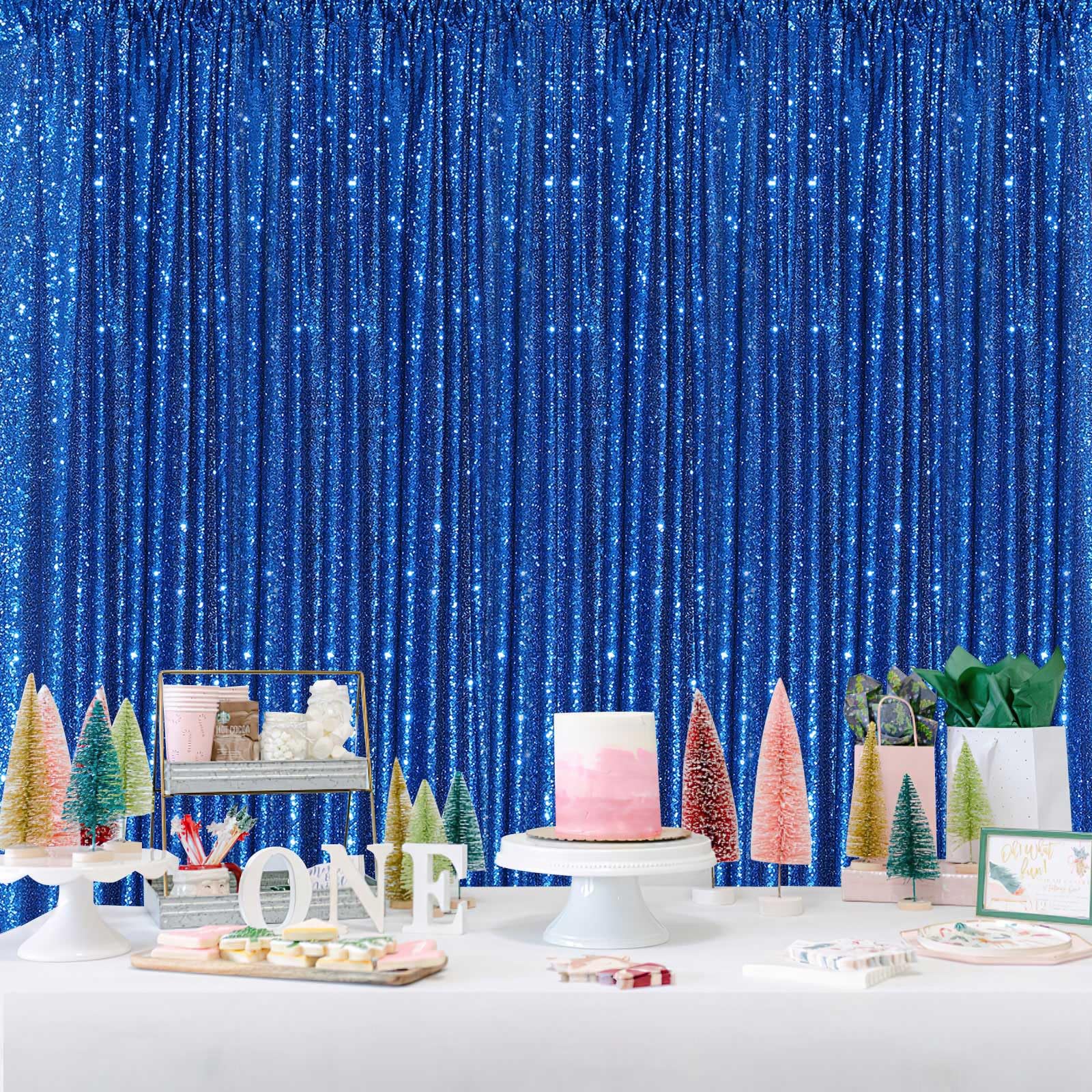 Glitter Backdrop Curtains Royal Blue Sequin Background 3 Packs 2Ft X 8Ft Sequin Fabric Baby Shower Birthday Party Decorations