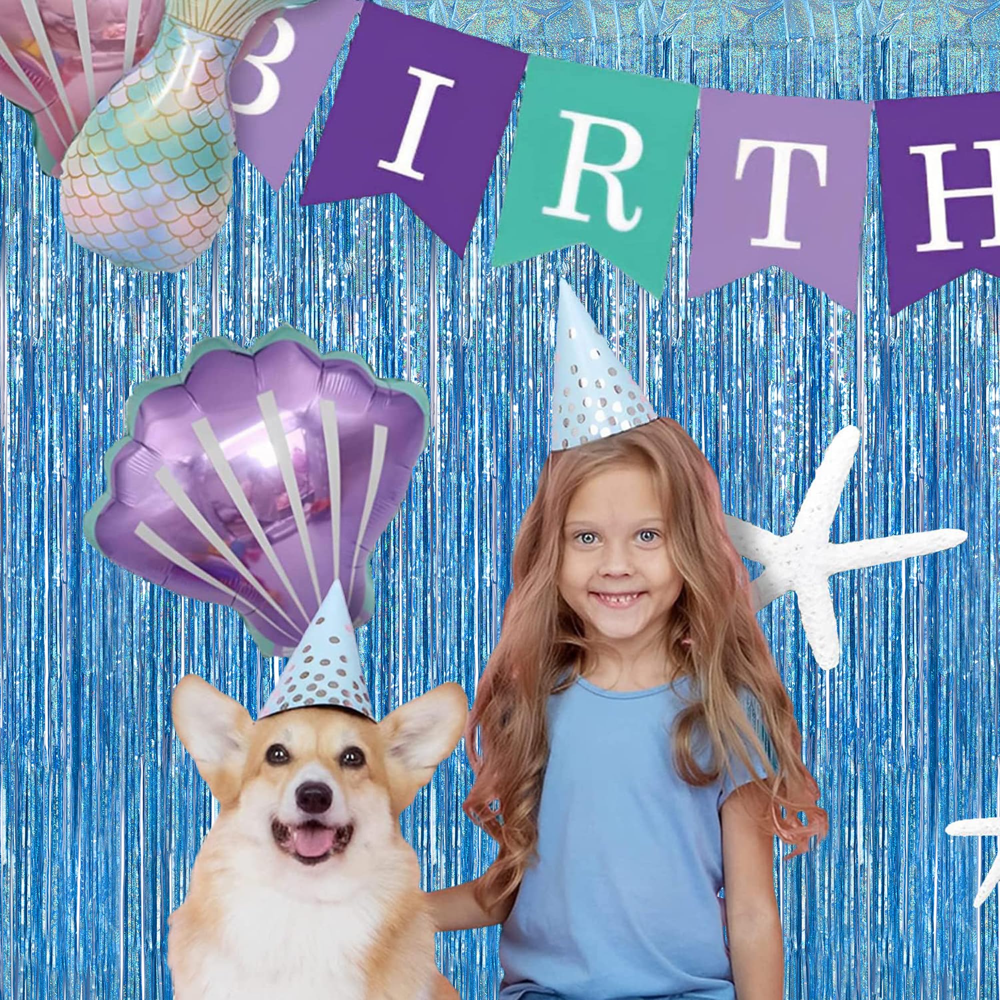 Braveshine Light Blue Tinsel Foil Fringe Curtains   2Pcs 3.2X8.2 Ft Metallic Holiday Photo Booth Backdrop For Birthdays Mermaid