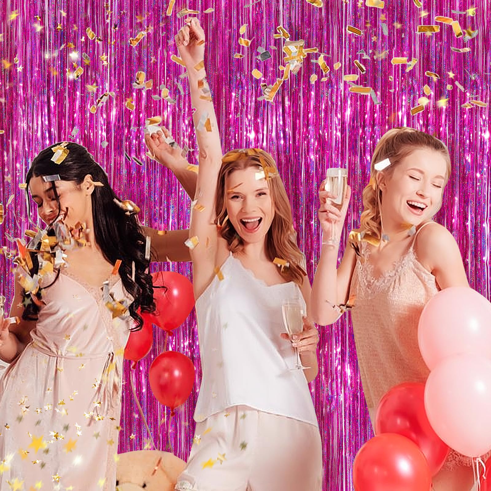 Hot Pink Metallic Tinsel Foil Fringe Curtains, 2 Pack 3.3X8.3 Feet Party Streamer For Birthday Party Decorations, Halloween Deco