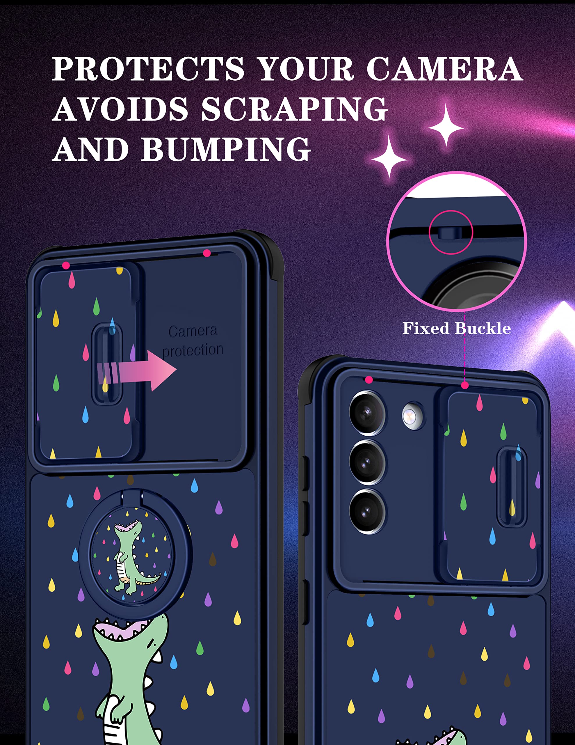 Goocrux (2In1 For Samsung Galaxy S21 Case Dinosaur Women Girls Cute Cartoon Phone Cover With Slide Camera Cover+Ring Holder Gree