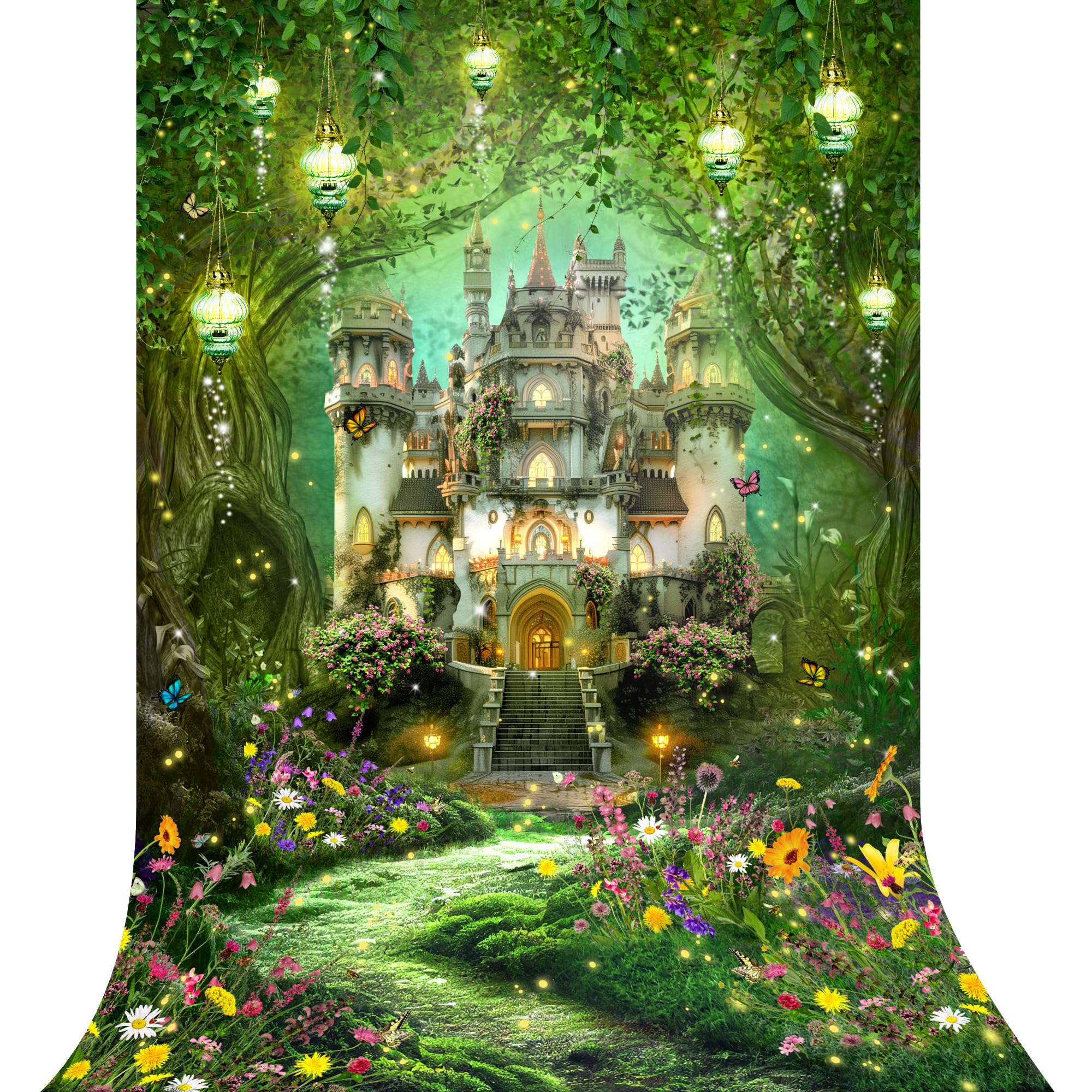 Riyidecor Enchanted Fairy Castle Backdrop Polyester Fabric Greenery Woodland Tale Wonderland Garden 5Wx7H Feet Wildflower Floral