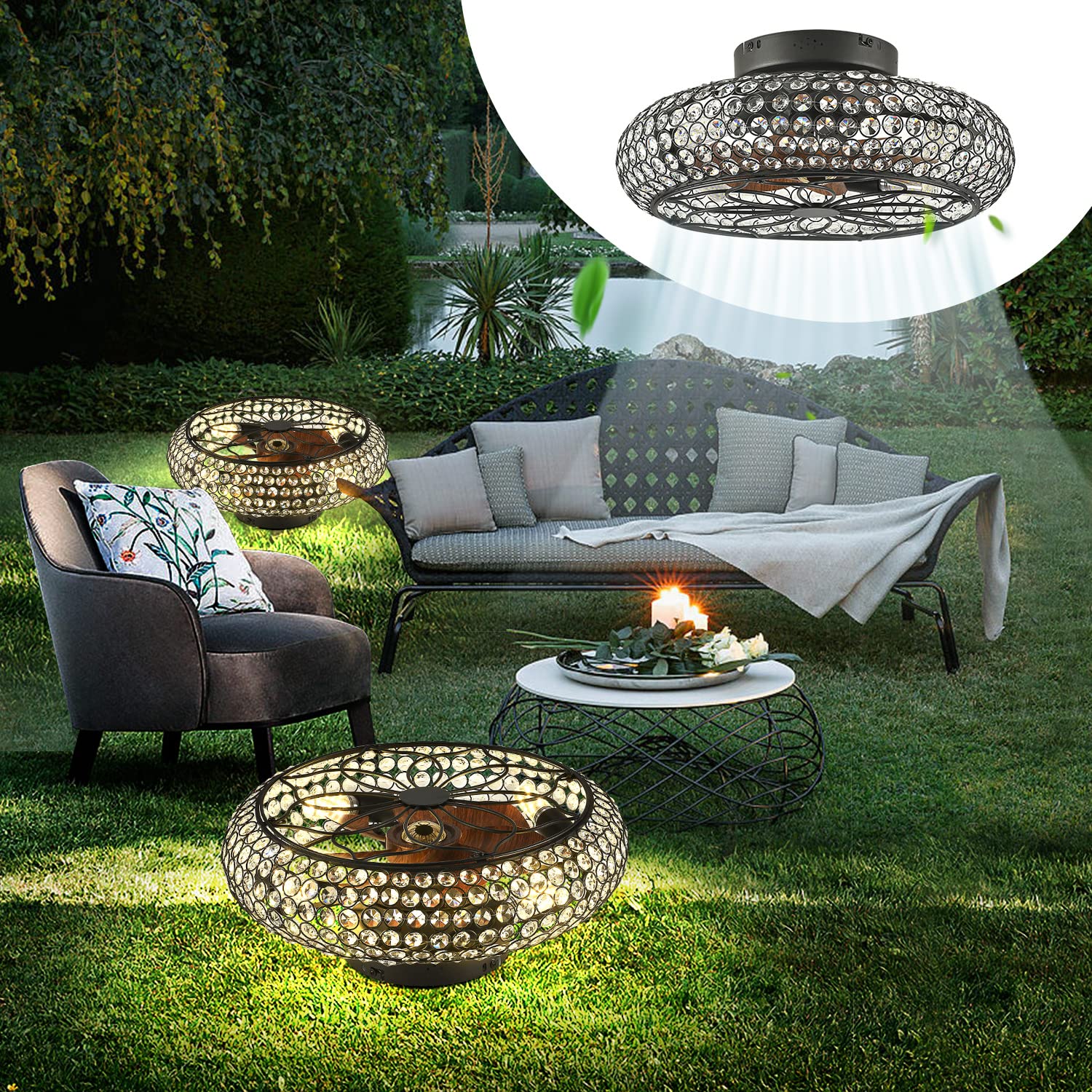 Xudom Caged Crystal Ceiling Fans With Lights And Remote,18.8'' Flush Mount Low Profile Ceiling Fan With Light,6 Speed Enclosed C