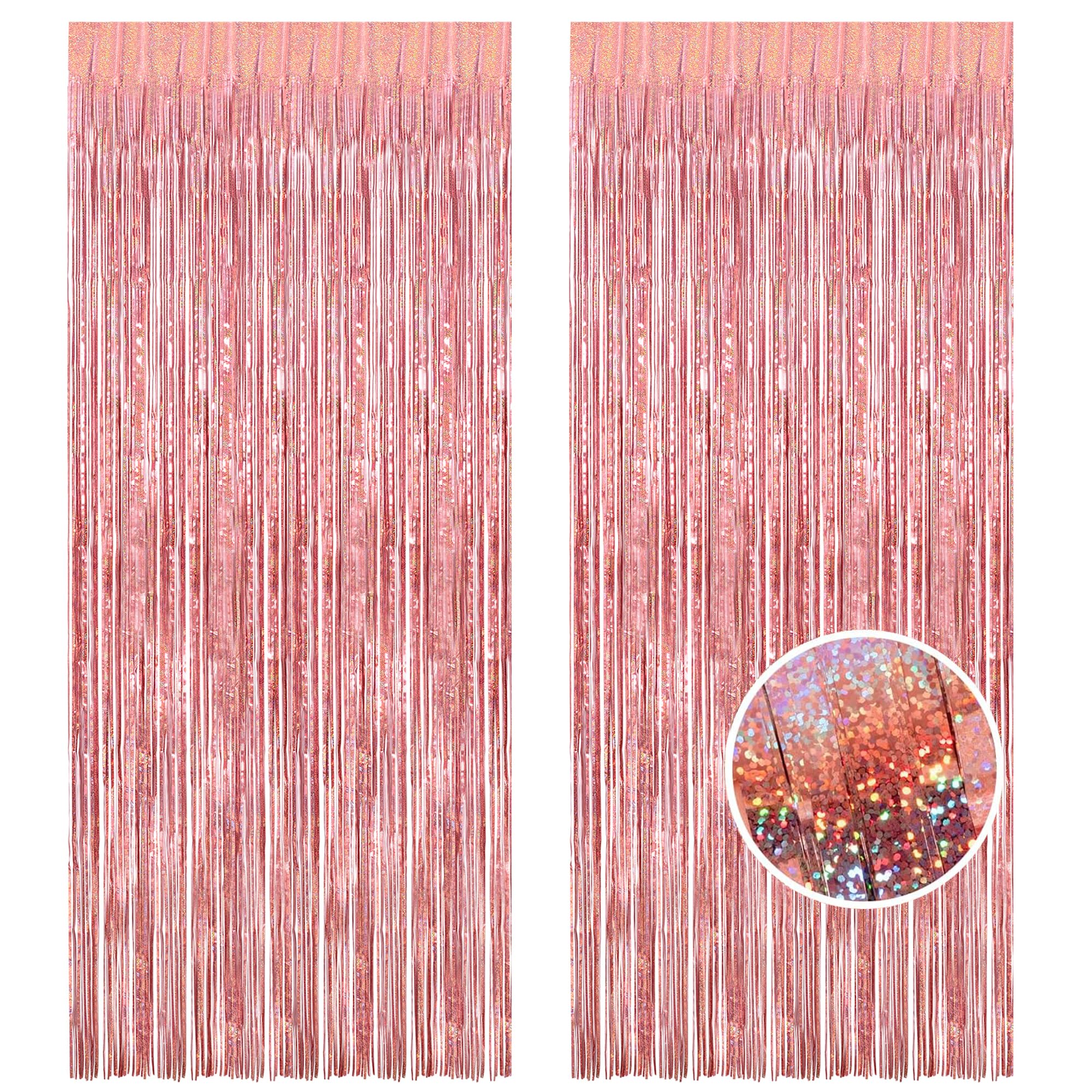 Braveshine Rose Gold Metallic Tinsel Backdrop   2Pcs 3.2X8.2Ft Metallic Tinsel Foil Fringe Curtains Photo Booth Streamers For 21