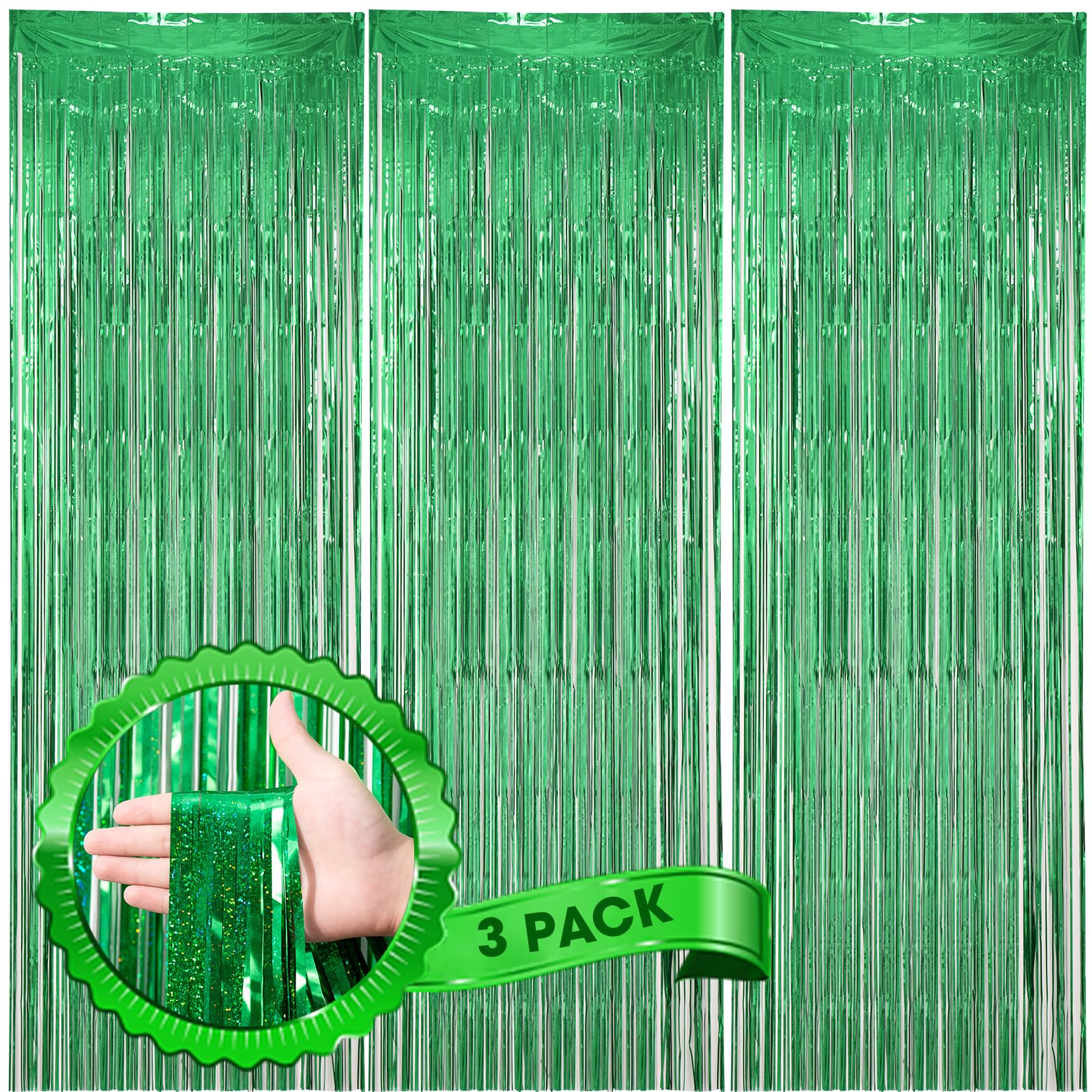 Voircoloria 3 Pack 3.3 X 8.2 Ft Laser Green Foil Fringe Backdrop Curtains, Tinsel Streamers Birthday Party Decorations, Fringe B