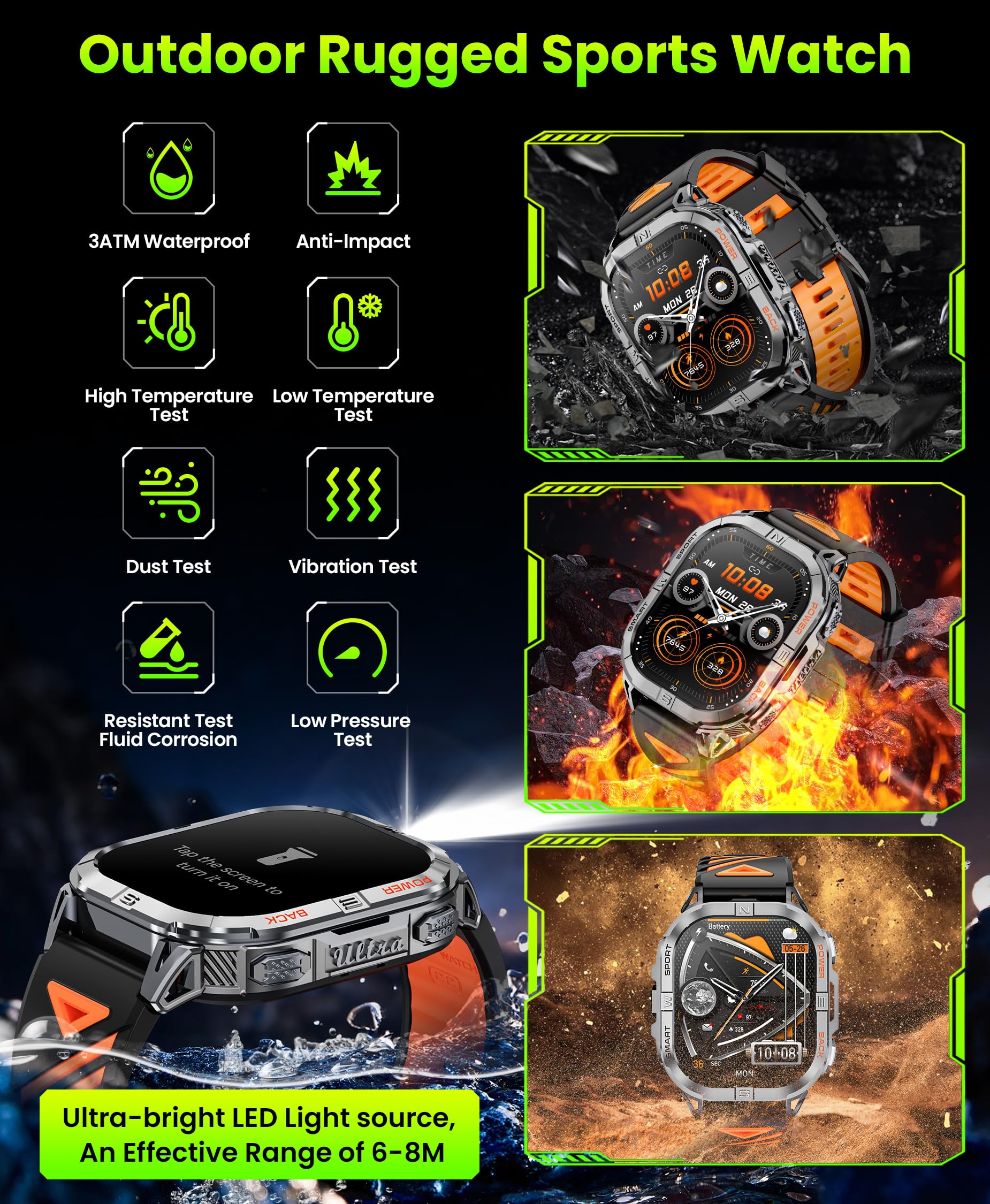 Joautrial Military Smart Watch For Men Built-In Gps With Led Flashlight Compass, 2.13 Amoled Tactical Smart Watches With Answer/