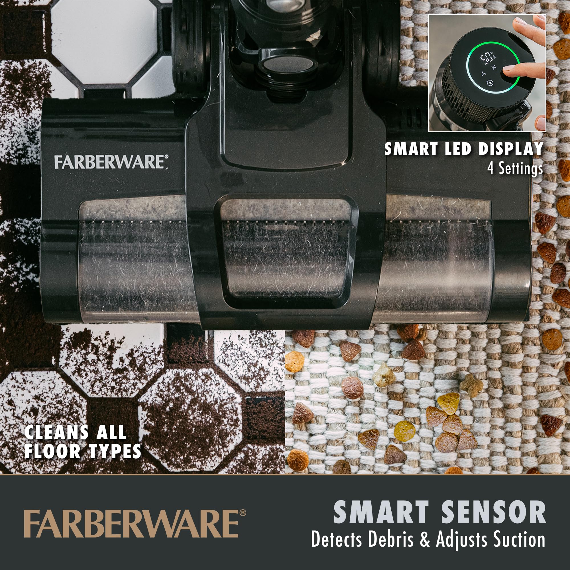 Farberware Cordless Platinum Stick Vacuum Cleaner, Smart Sensor Technology For Carpet And Hard Floors, Bendable And Handheld Vac