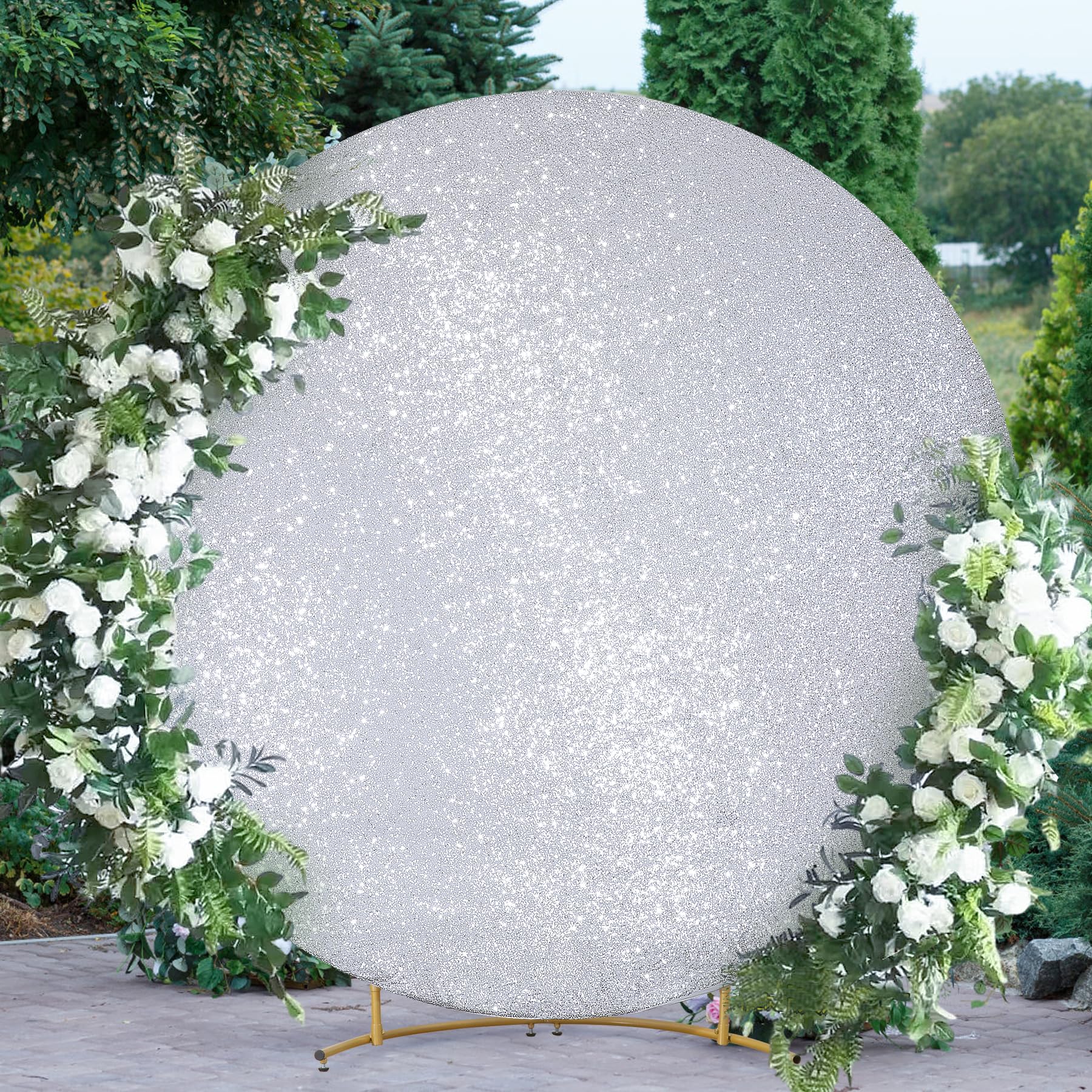 Silver Sequin Round Backdrop Cover 7.2Ft Glitter Circle Backdrop Cover Sparkly Photo Backdrop Balloon Arch Cover For Birthday Pa