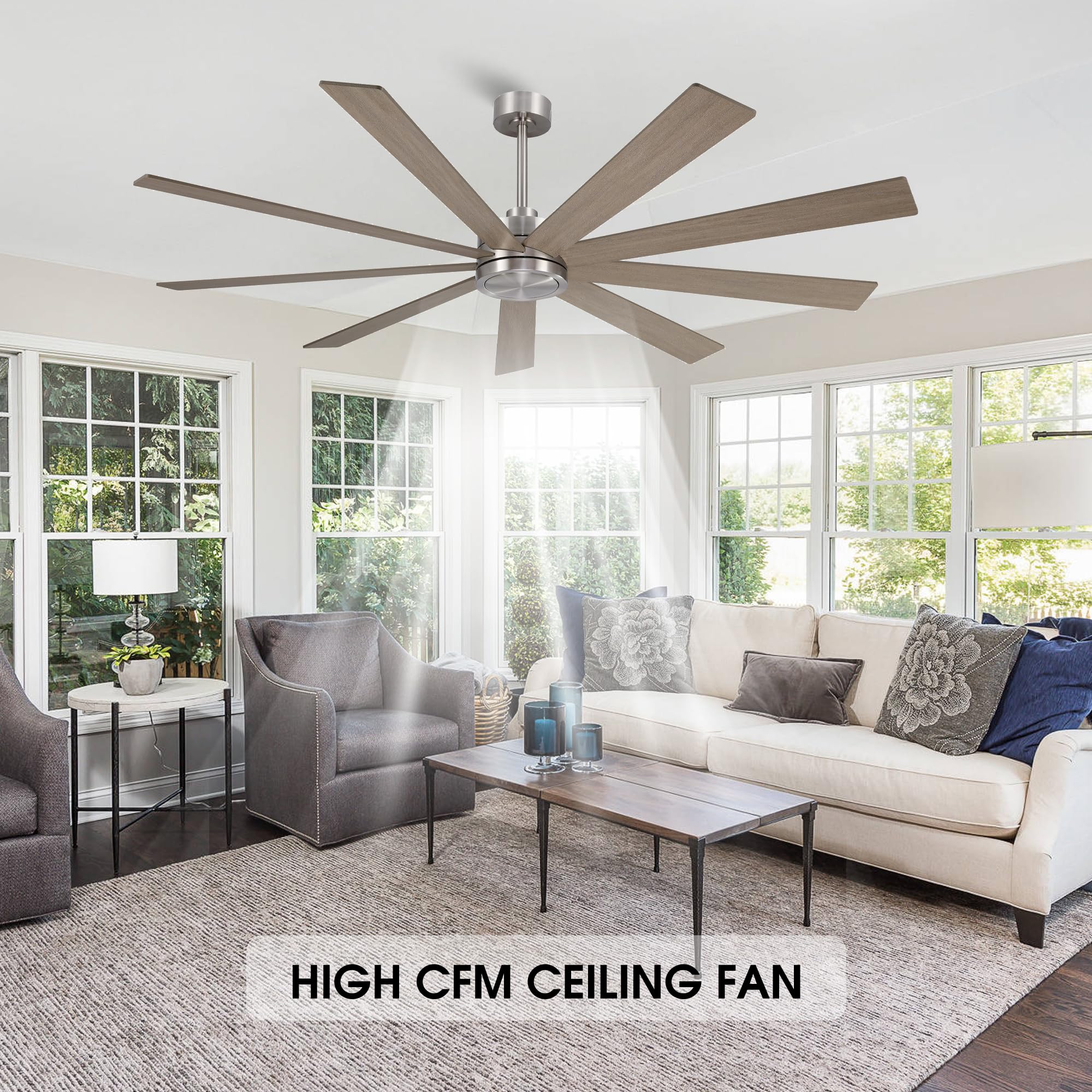 Elehinser 72'' Ceiling Fan No Light, 6 Speed Noiseless Reversible Dc Motor, 9 Blades Industrial Ceiling Fan With Remote And 4.5'