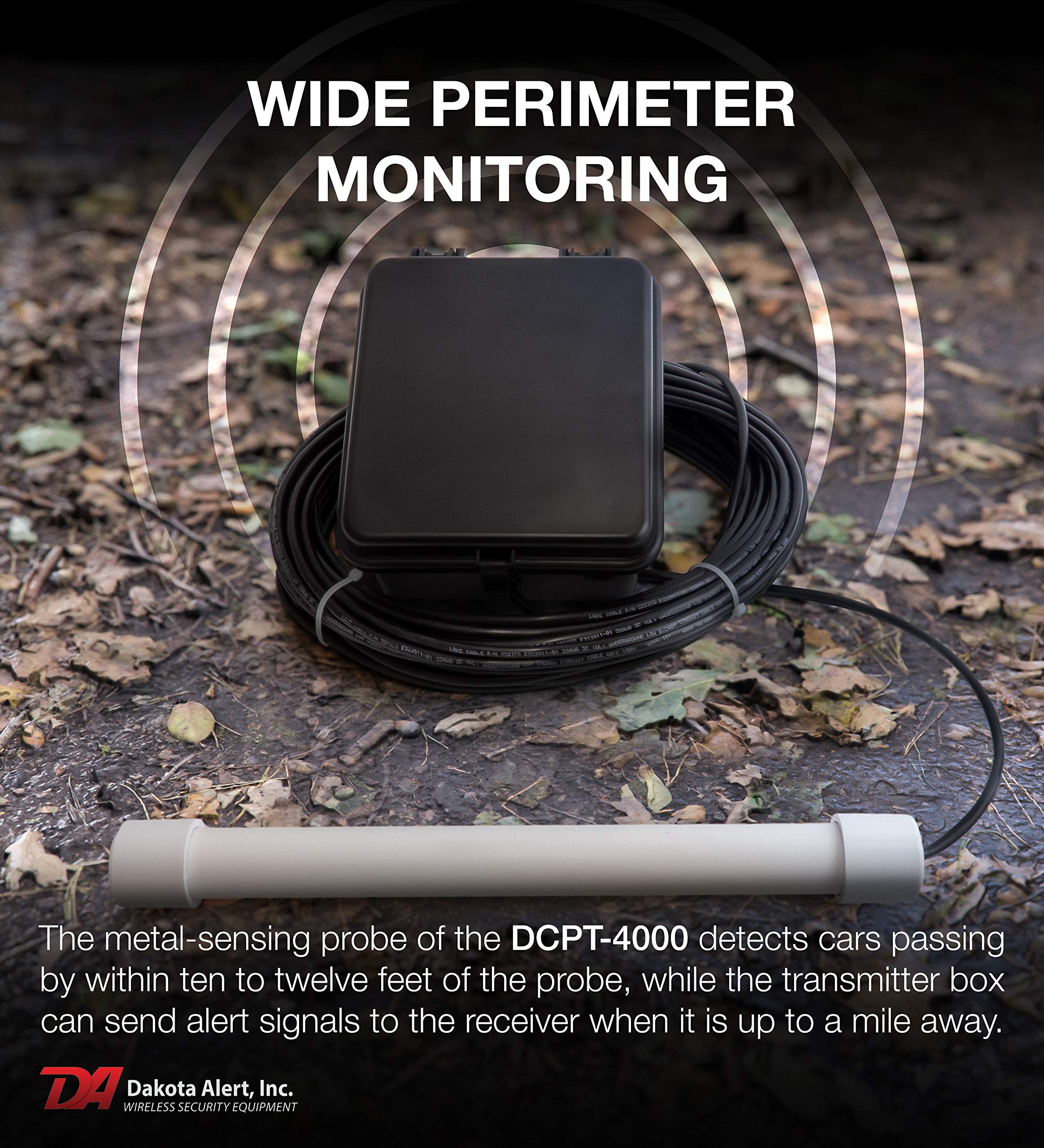 Dakota Alert Driveway Alarm Sensor   Dcpt 4000 Driveway Alarms Wireless Outside Weatherproof Vehicle Sensor, 1 Mile Long Range Sensors, Vehicle Detecting Probe Transmitter & 50' Direct Burial Cable