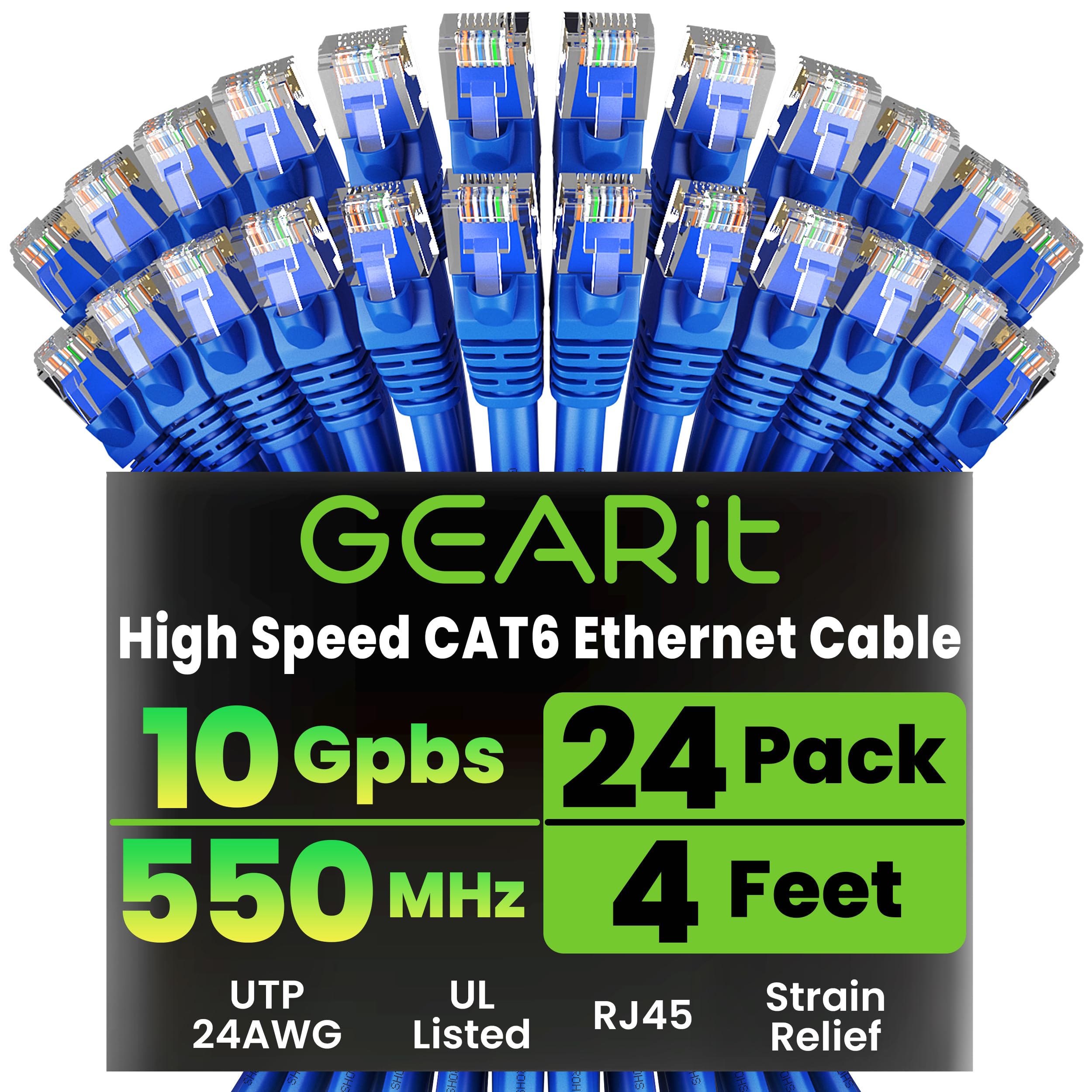 GearIT Cat 6 Ethernet Cable Pack - 24-Pack 4 ft Cat6 Ethernet Patch Cables | RJ45 Network Patch Cable, 10 Gbps Snagless Gold-Pla