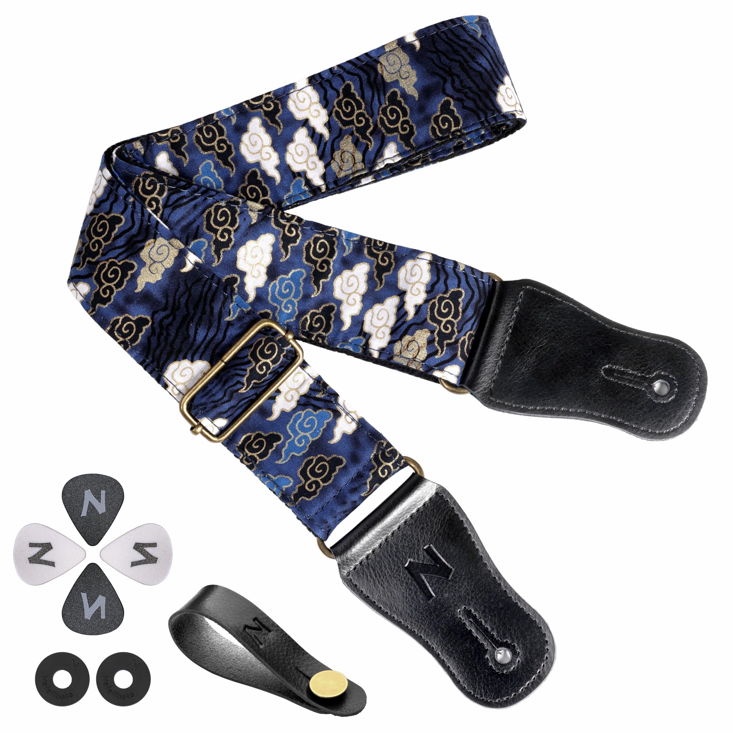 Nefelibata Japanese Cotton Guitar Strap For Acoustic Guitar, Ukulele, Free Headstock Strap Adapter With Buckle, Guitar Picks And