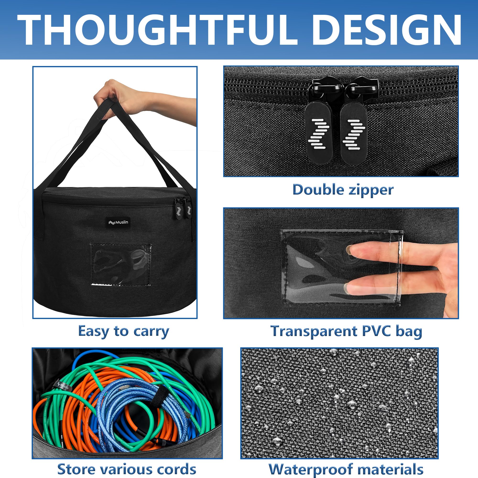 Musiin Accessories Bag For Guitar, Bass, Keyboard, Drums Cables & Adapters Multi-Function Round Storage, Internal Mesh Pocket Fo