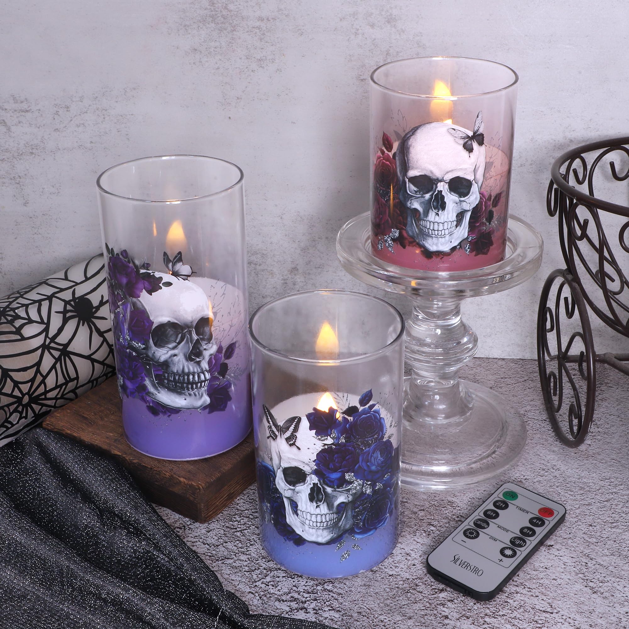 Silverstro Gothic Skull Flameless Candles Set With Remote Control Timer Function, 3-Piece Horror Theme Halloween Decorative Cand