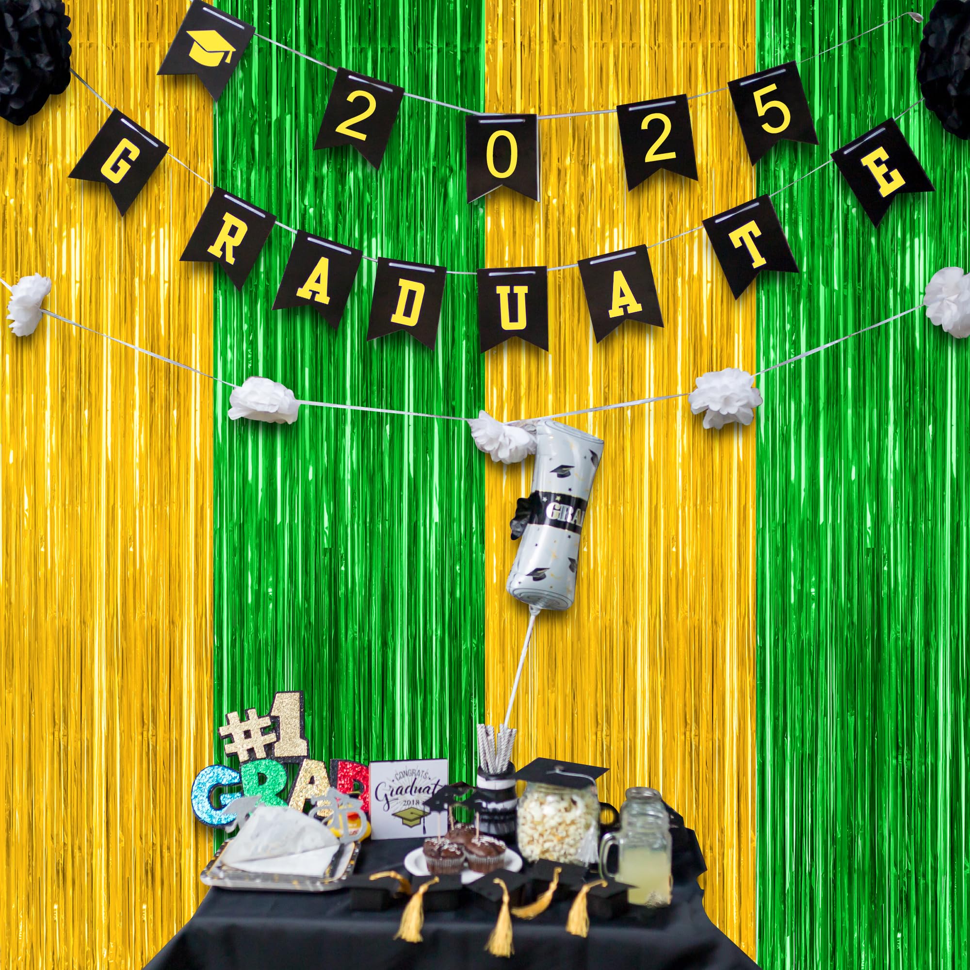 2 Pack Graduation Backdrop, 3.28 Ft X 7.05 Ft Grad Decor 2025, Green Gold Graduation Photo Backdrop Fringe Curtains Party Stream