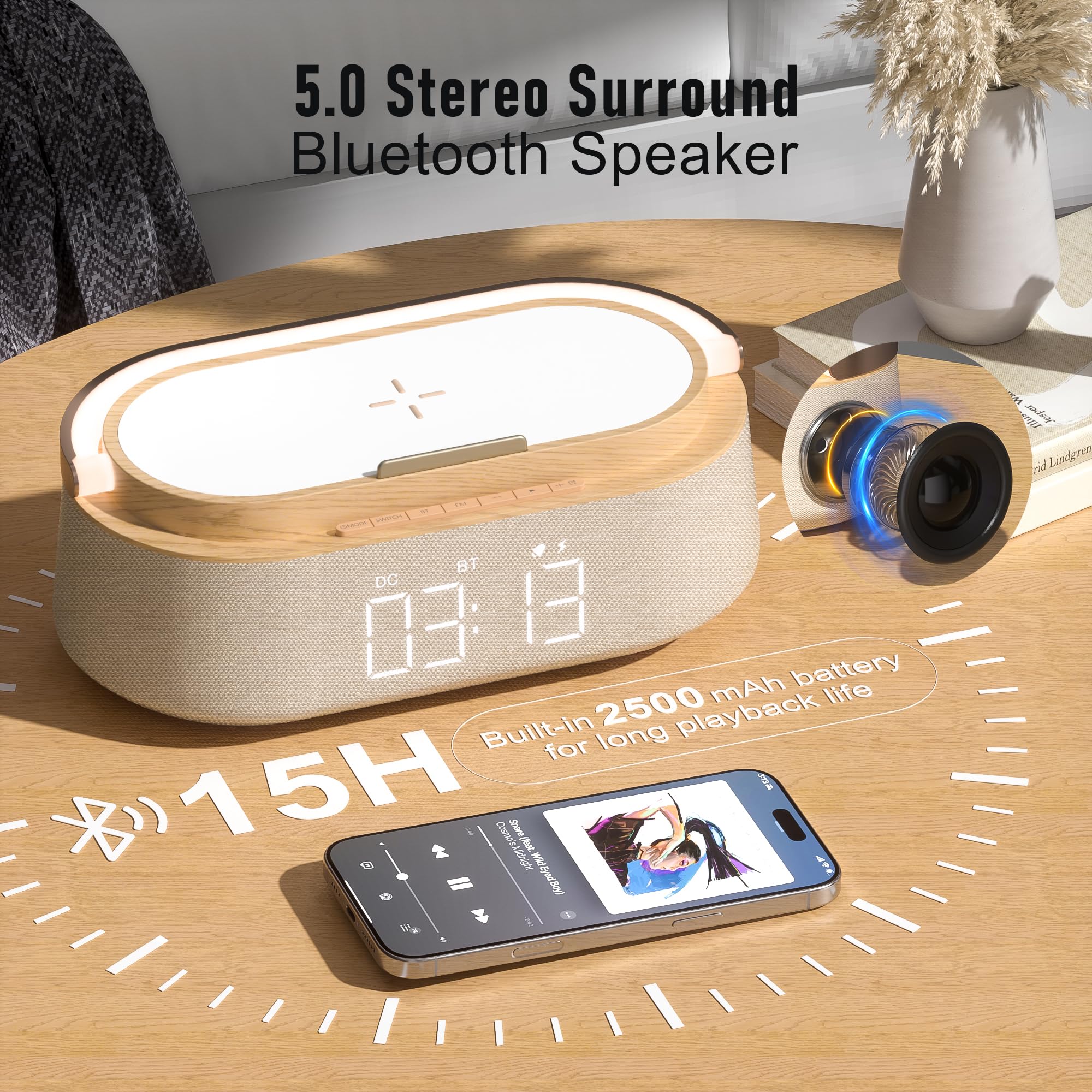 Freefish Bluetooth Speaker With Wireless Charge Fm Radio 2500Mah Battery, Led Night Light Suitable For Home,Bedroom,Office
