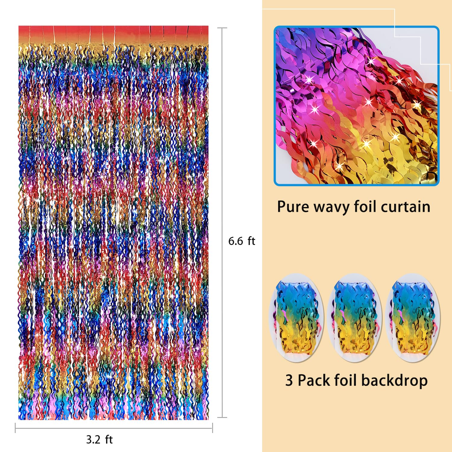 3 Pack Colorful Foil Fringe Curtain Backdrop   6.6 X 3.3 Ft Wavy Rainbow Tinsel Backdrop Curtain Metallic Streamers Iridescent H