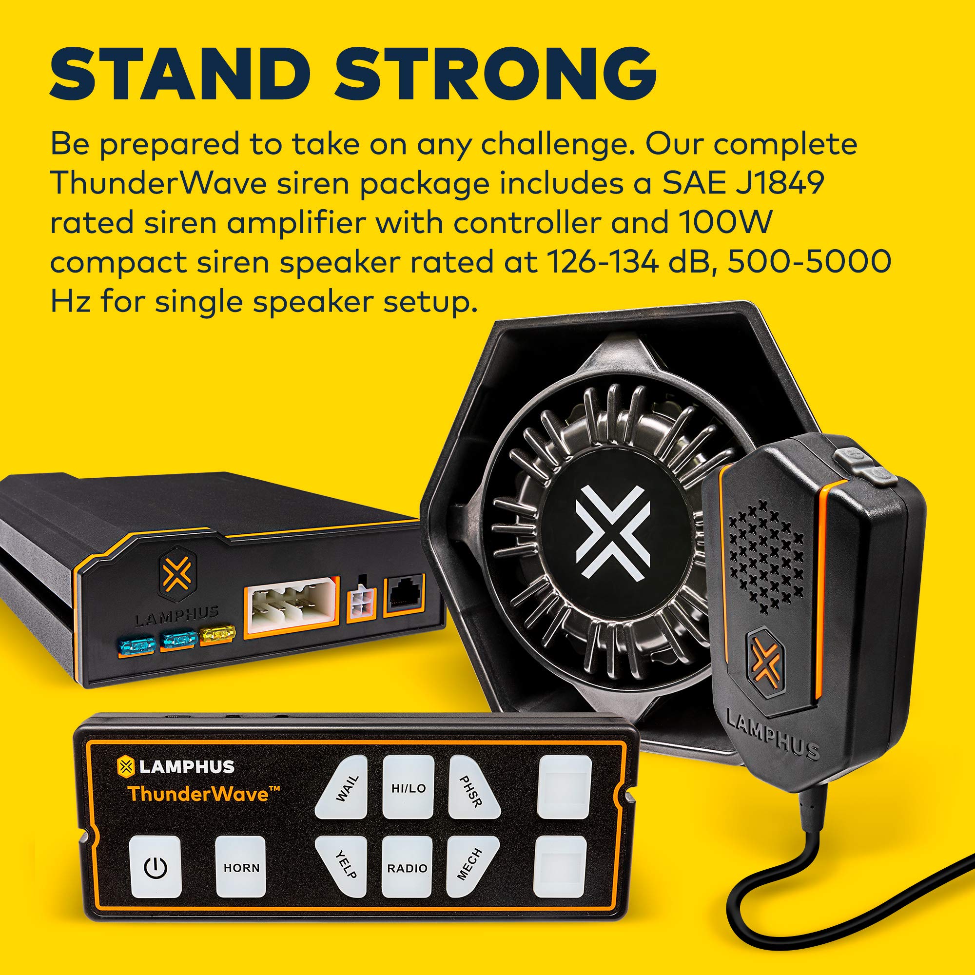 Lamphus Thunderwave 100W Emergency Police Siren Speaker Kit [Remote Control][2X15A Aux Light Switch][Hands Free Air Horn][Radio Broadcast] 12V Warning Pa System For Emergency Vehicle Pickup Truck Utv