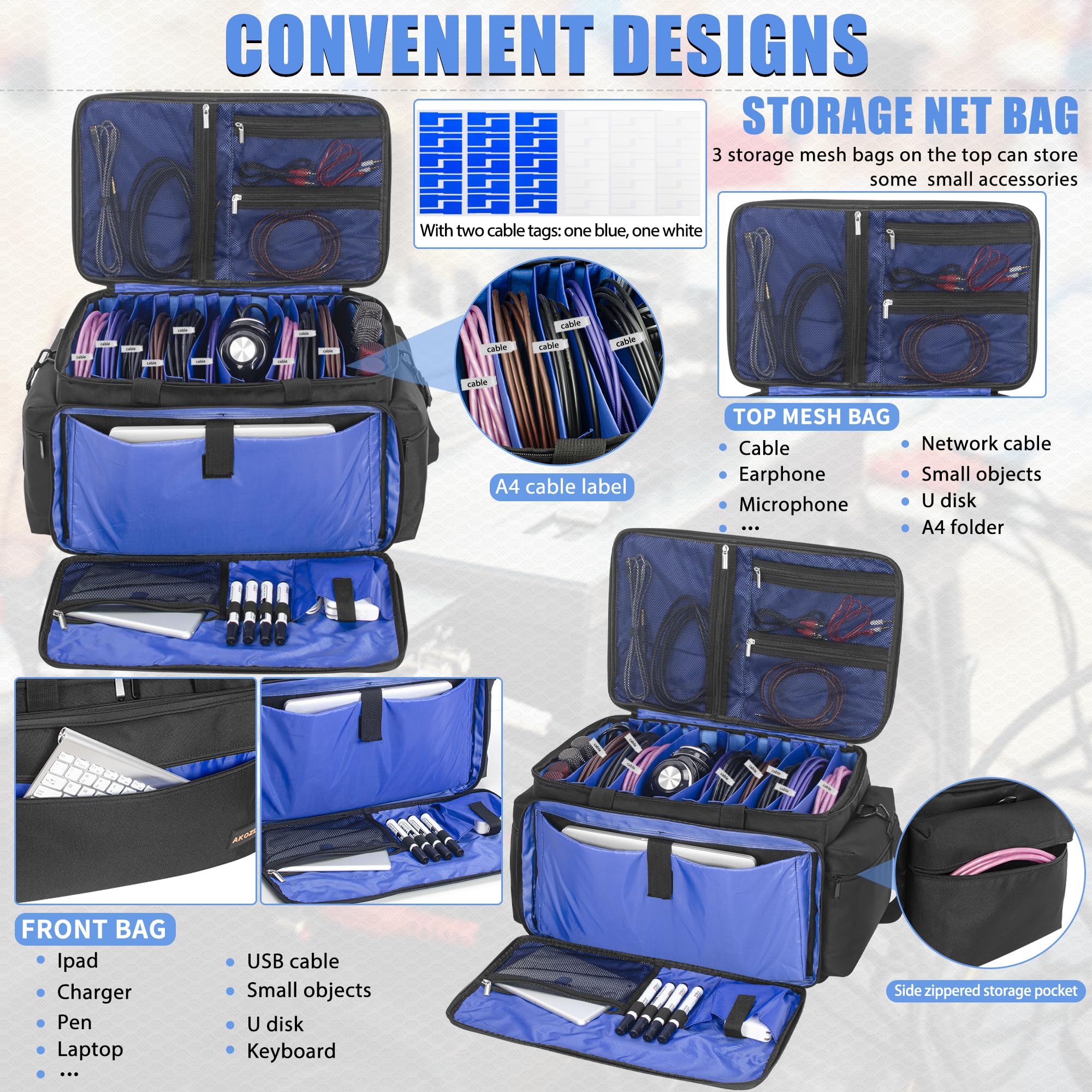 Akozlin Cable File Bag With Detachable Dividers Dj Gig Bag Cord Organizer Case For Laptop,Dj Gear,Music Equipment Accessories