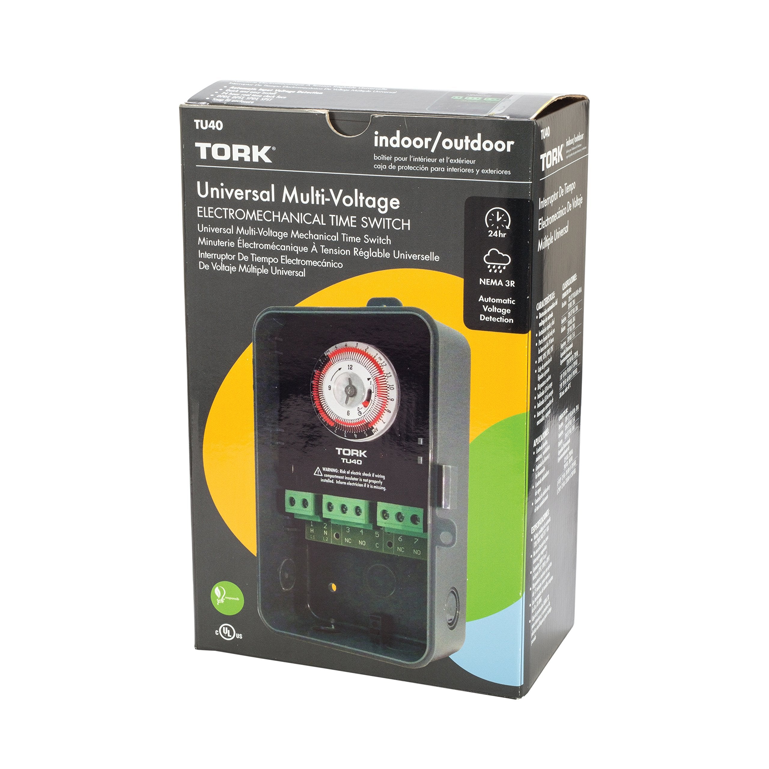 Nsi Industries Tork Tu40 Indoor/Outdoor 40-Amp Universal Multi-Volt Electromechanical Appliance Timer - 24-Hour Programming - Mu