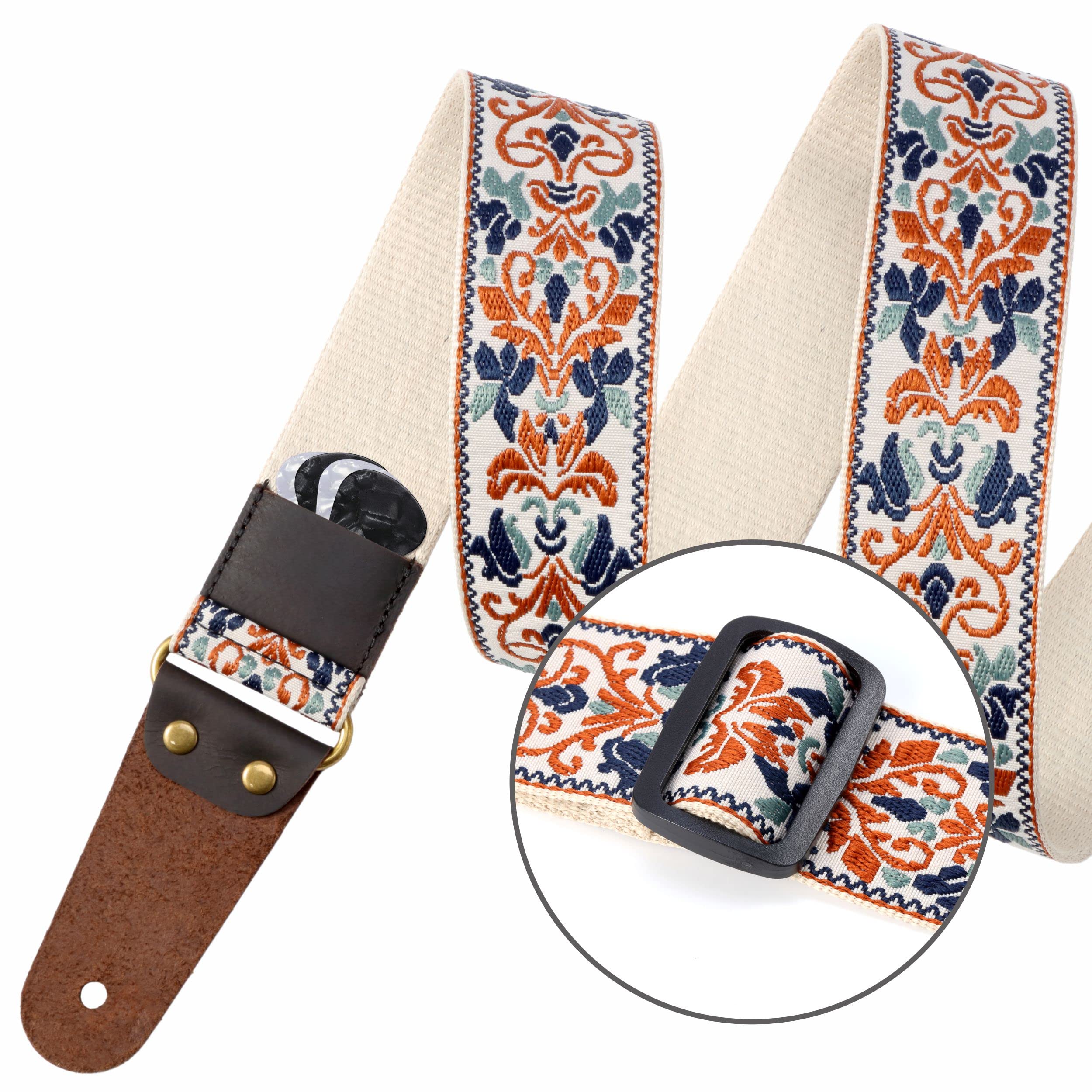 Nefelibata Guitar Strap, 2 Jacquard Embroidery Guitar Straps, Full Grain Leather Ends With Invisible Pocket, For Bass, Electric