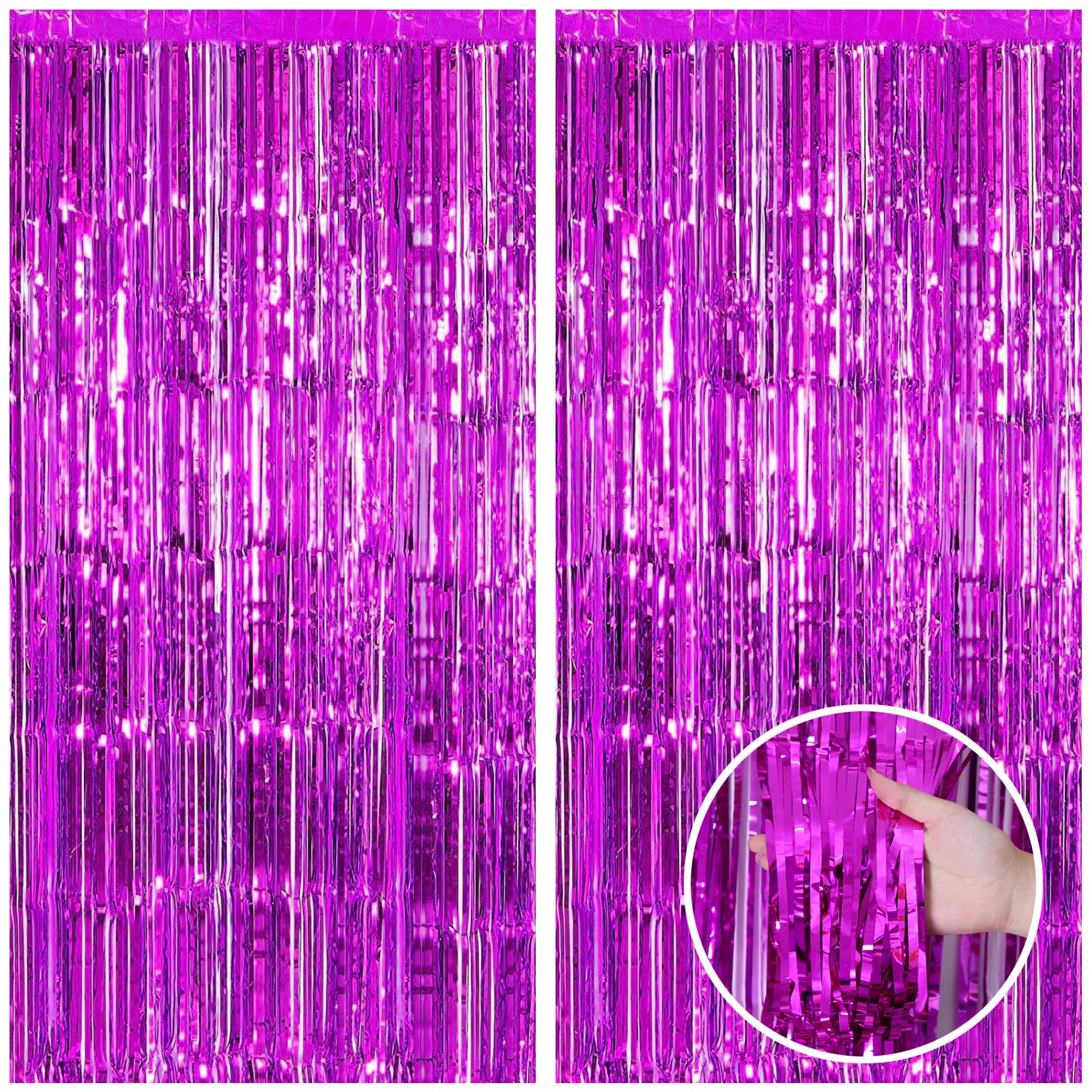 Canrevel 2 Pack 3.3X8.2 Feet Hot Pink Foil Fringe Backdrop Curtains, Tinsel Streamers Birthday Party Decorations, Fringe Backdro