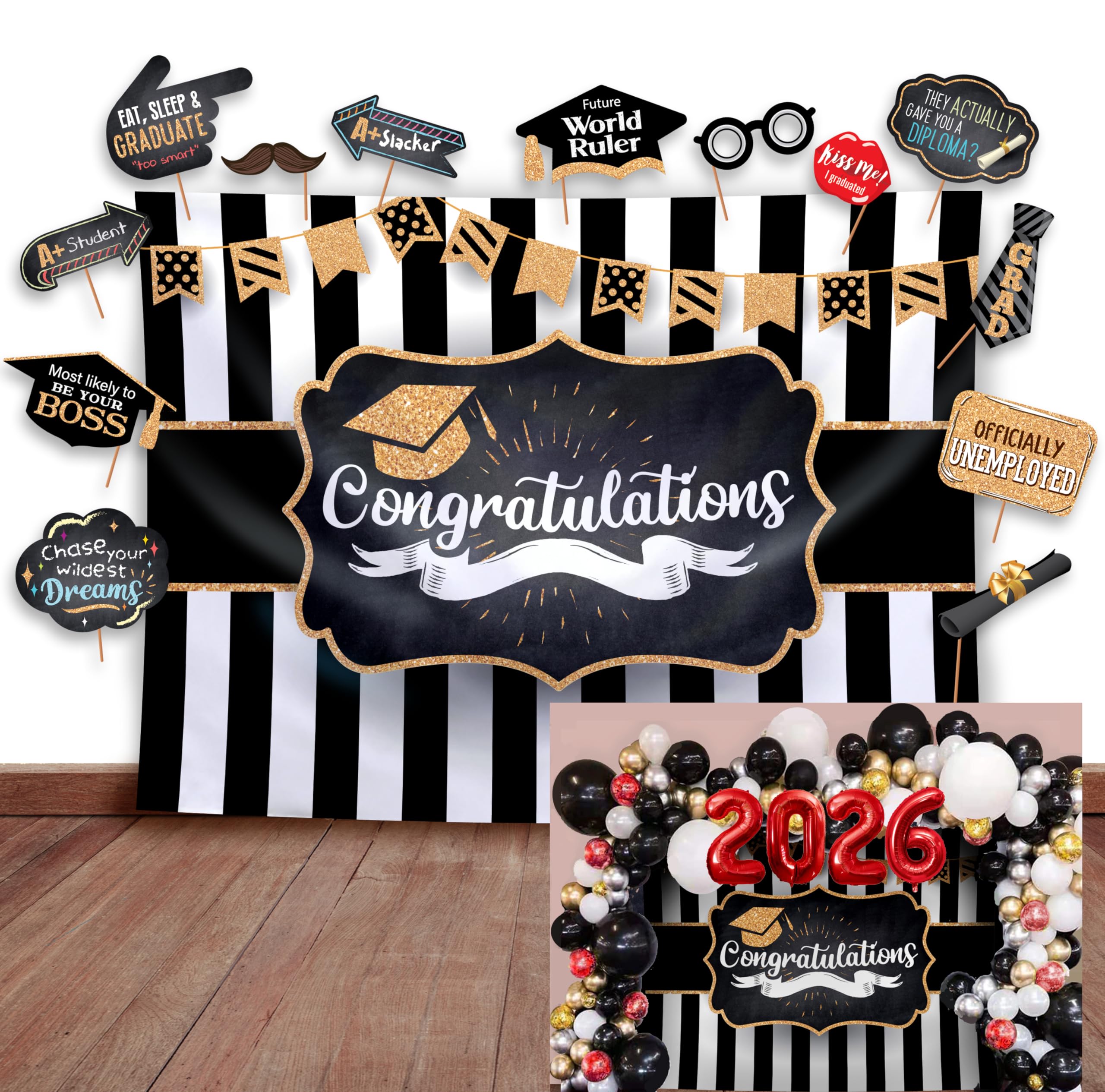 2019 Graduation Party Backdrop  Classy Black, White and Gold Theme Photography Fabric Backdrop and Studio Props DIY Kit. Great 