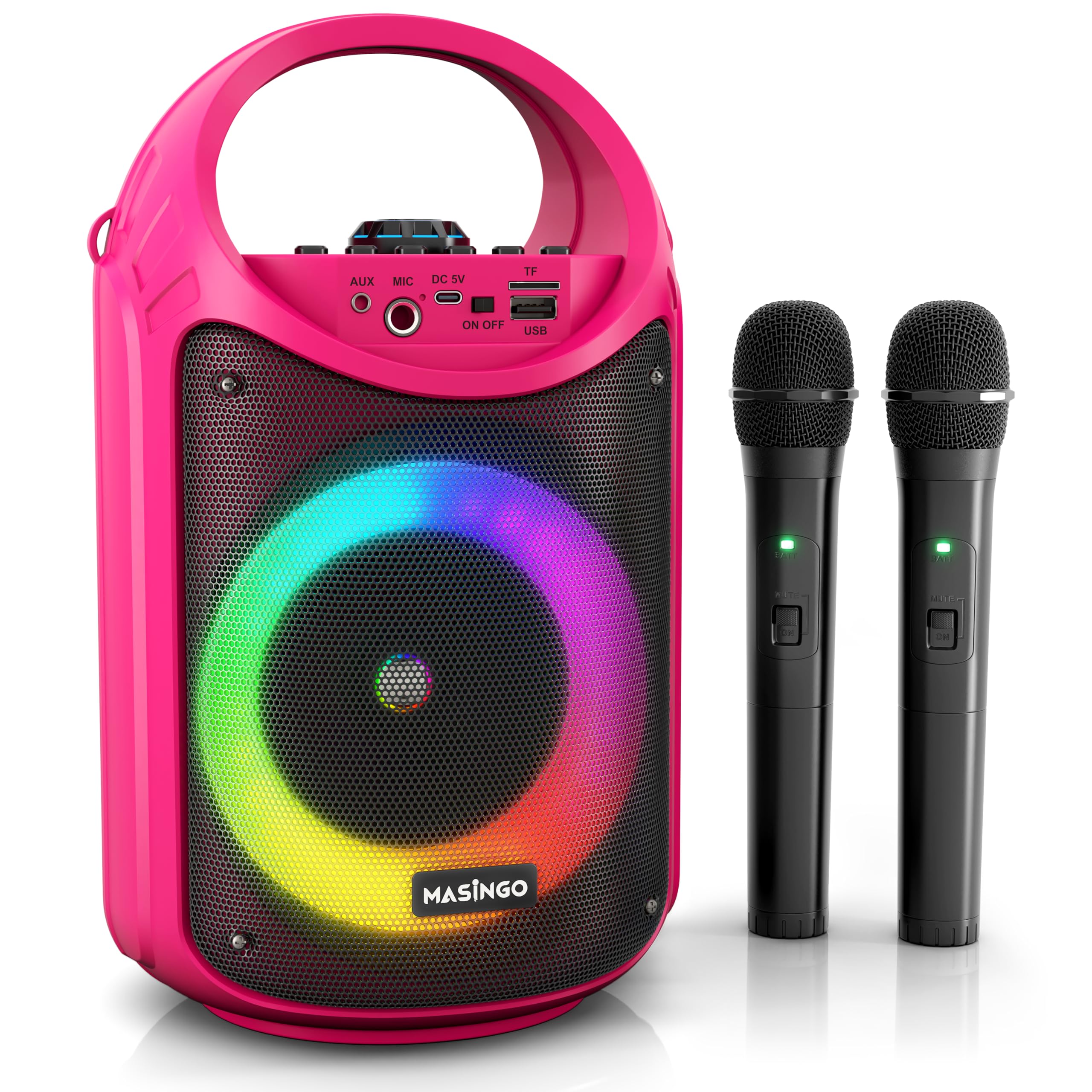 Masingo Karaoke Machine For Kids And Adults With 2 Wireless Bluetooth Microphones, Pa Portable Speaker With Colorful Led Lights,